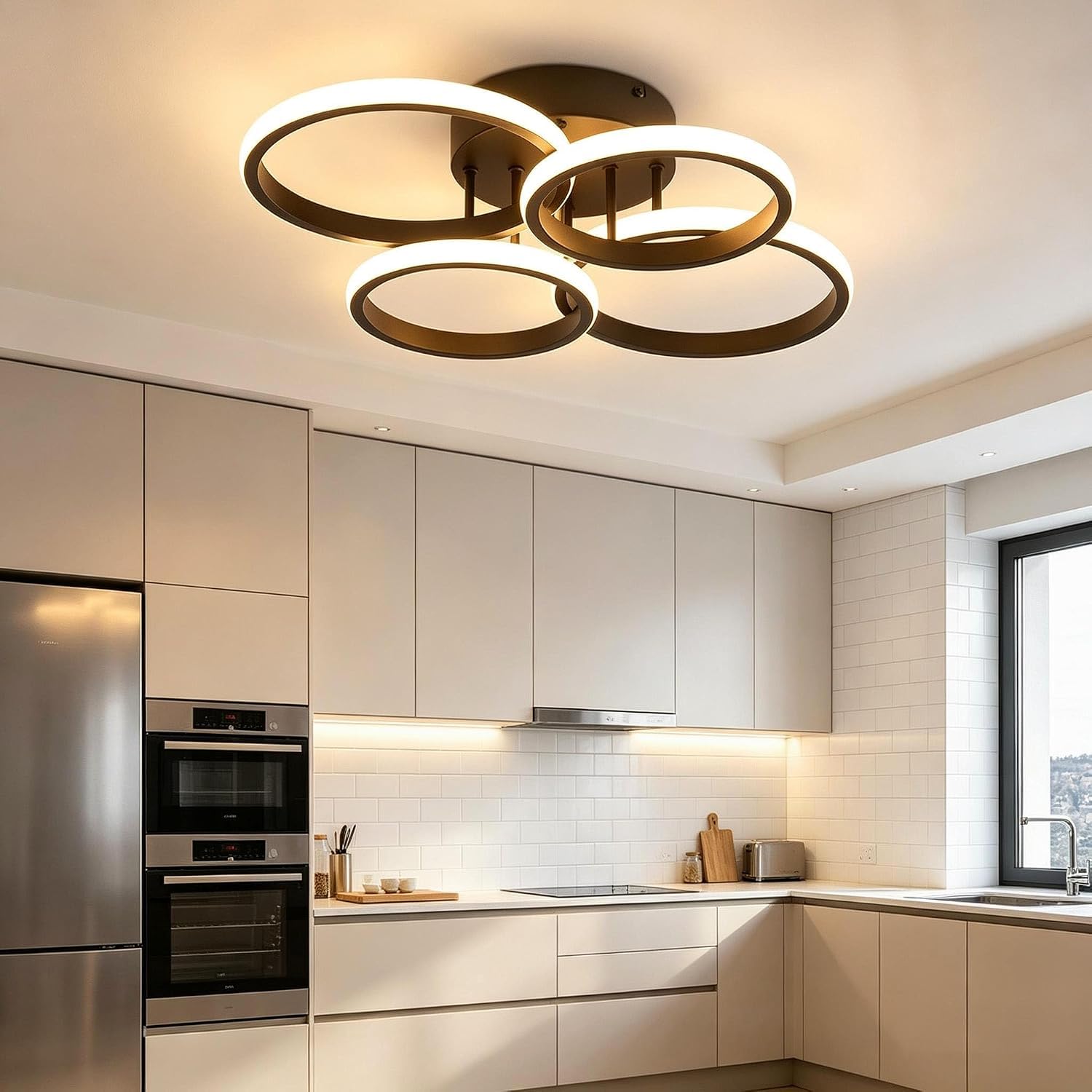 GBLY LED Deckenlampe Wohnzimmer: Deckenleuchte 55cm Küche Dimmbar Modern | Schwarz 48W Schlafzimmerlampe 4 Ring Design Deckenlampe Flur Büro Schlafzimmer Lampe mit Fernbedienung