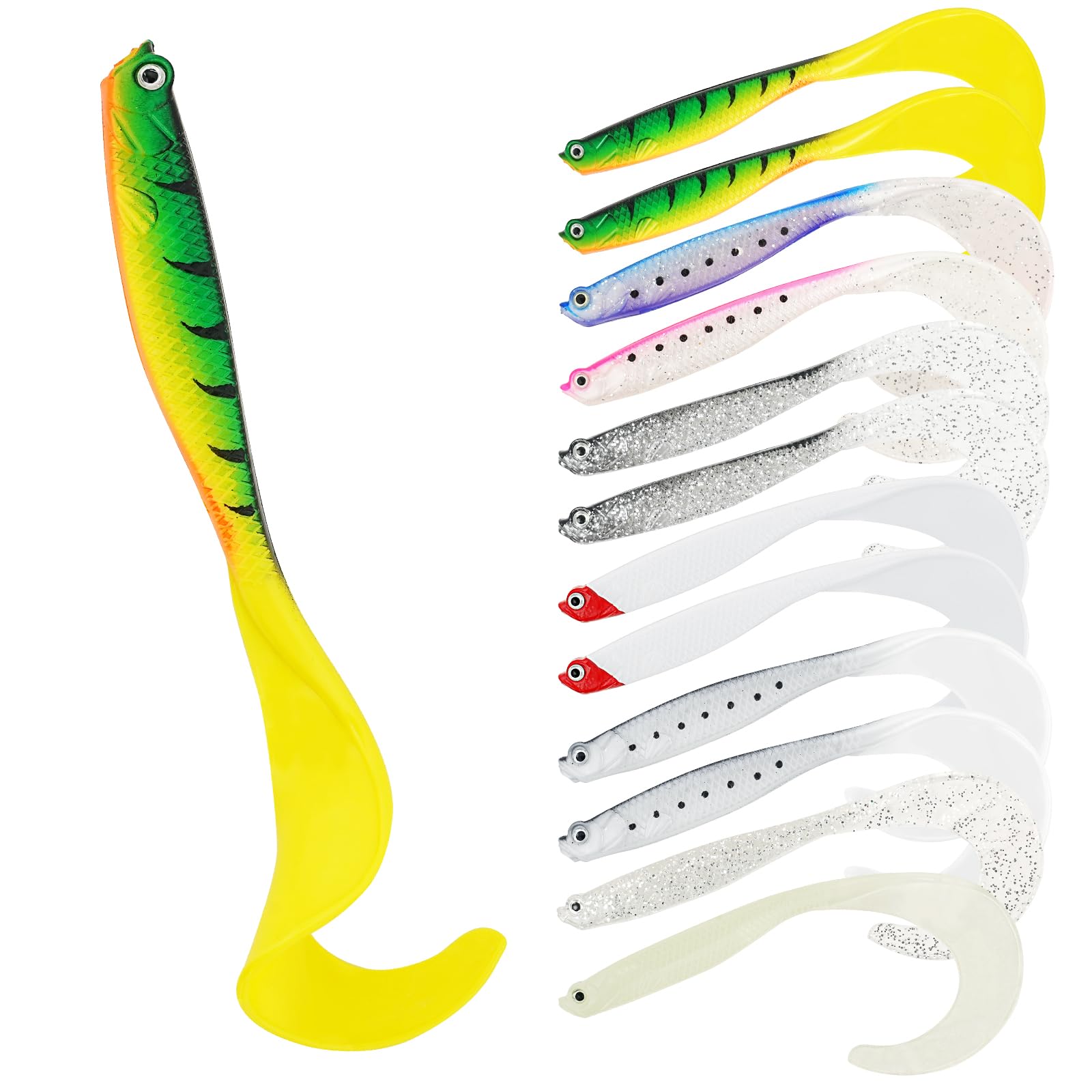 HOTUT Soft Fishing Lures Kit, 12 Easy Catch Pre-Rigged Soft Lures Swimbait, Unique Vibrating Swim Action and Trembly Sinking Move, Curly Tail Perch Imitation Bait for Pike Freshwater Trout Bass Salmon
