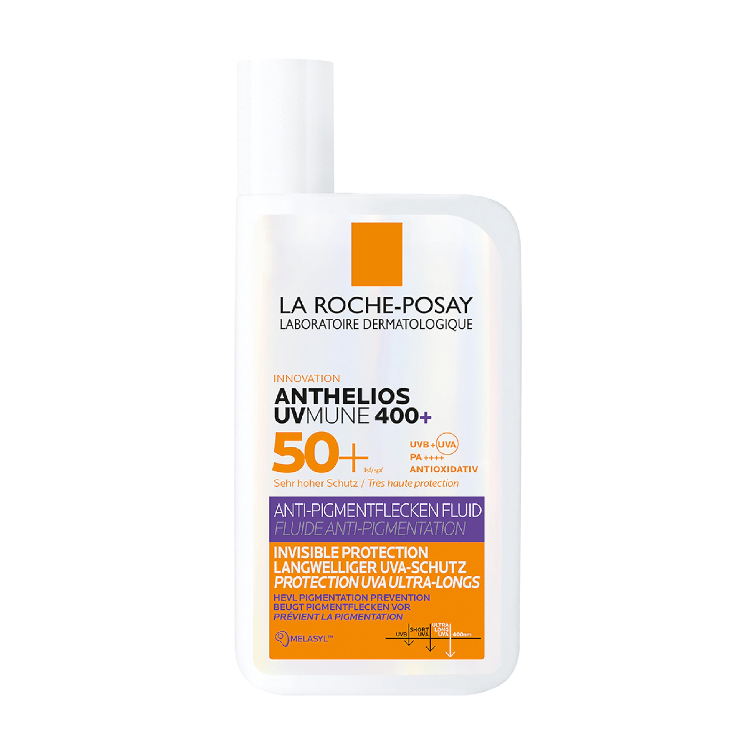La Roche-Posay Anthelios UVMUNE 400 Anti-Pigmentflecken Fluid LSF 50+, Effektiver Sonnenschutz mit Mexoryl 400 gegen langwellige UV-Strahlen, Für zu empfindliche, zu Pigmentflecken neigende Haut, 50ml