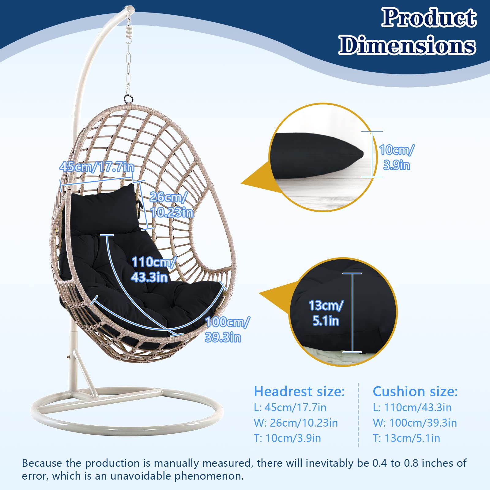 Rkufoze Egg Chair Cushion, Thick Hanging Egg Chair Cushions, Soft Egg Swing Chair Cushion, U-Shaped Cushions for Hanging Egg Chair (Only Cushion)