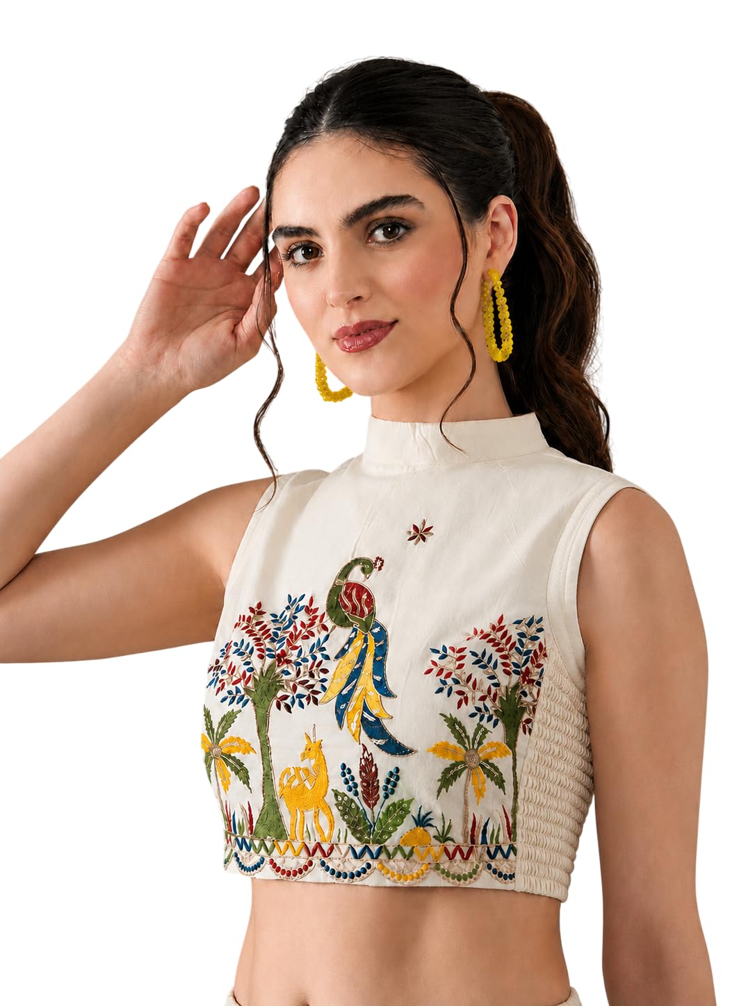 Women Embroidered Fandy Halter Neck Smocked Strechable Off White Blouse Readymade-image-17