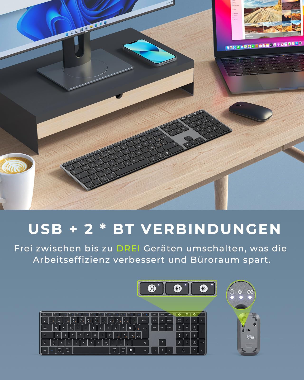 seenda SKM64-3 Clavier Bluetooth avec souris, clavier sans fil pour Windows/Mac/iPad/Android, souris sans fil ultra fine + silencieuse, connexion à 3 appareils, disposition QWERTZ (gris)