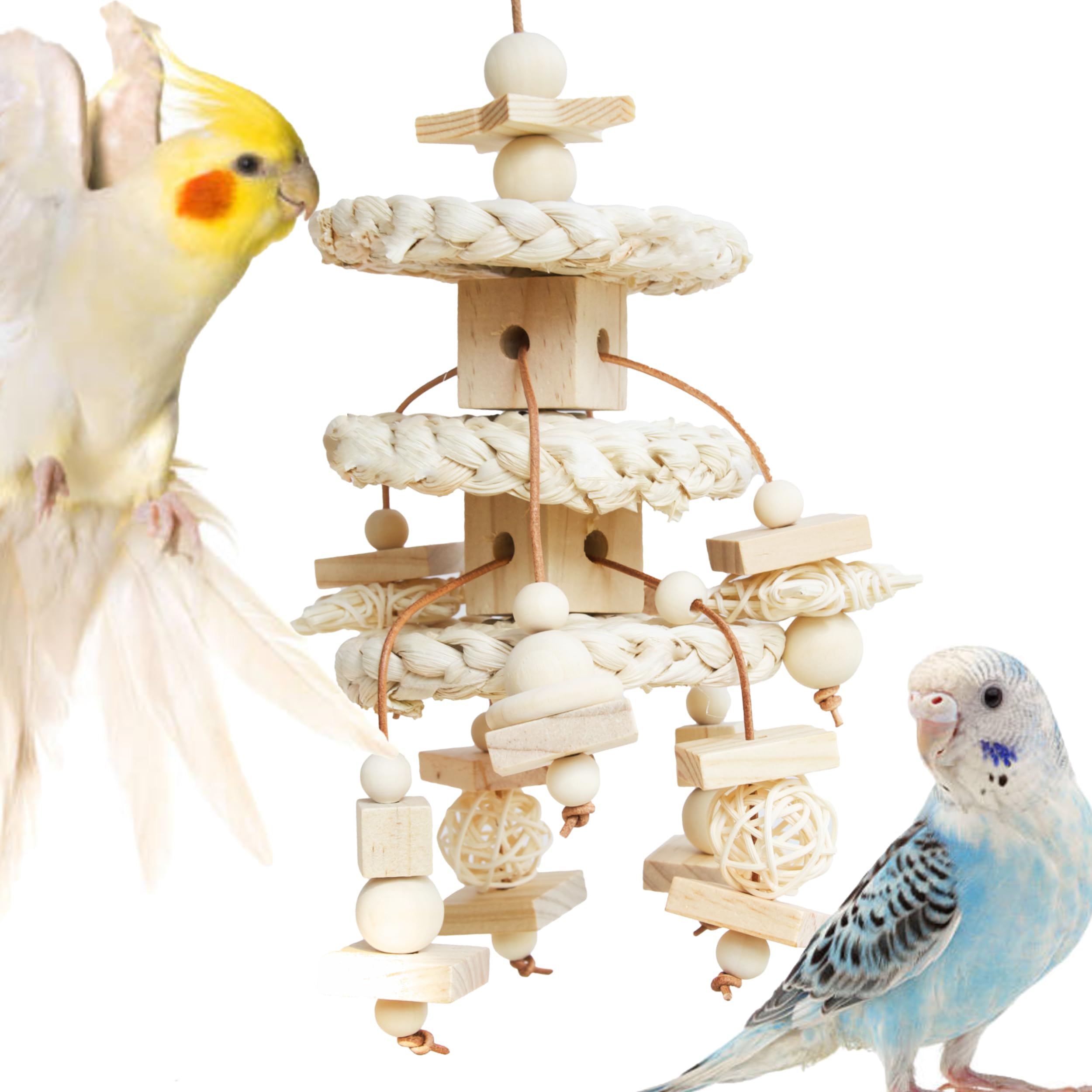 Natural Bird Toys for Quaker Parrot, Lovebird, Parakeet, Cockatiel & Conure – for Chewing, Shredding & Foraging, Corn Husk, Wood & Vine with Leather Cord for Small & Medium Birds