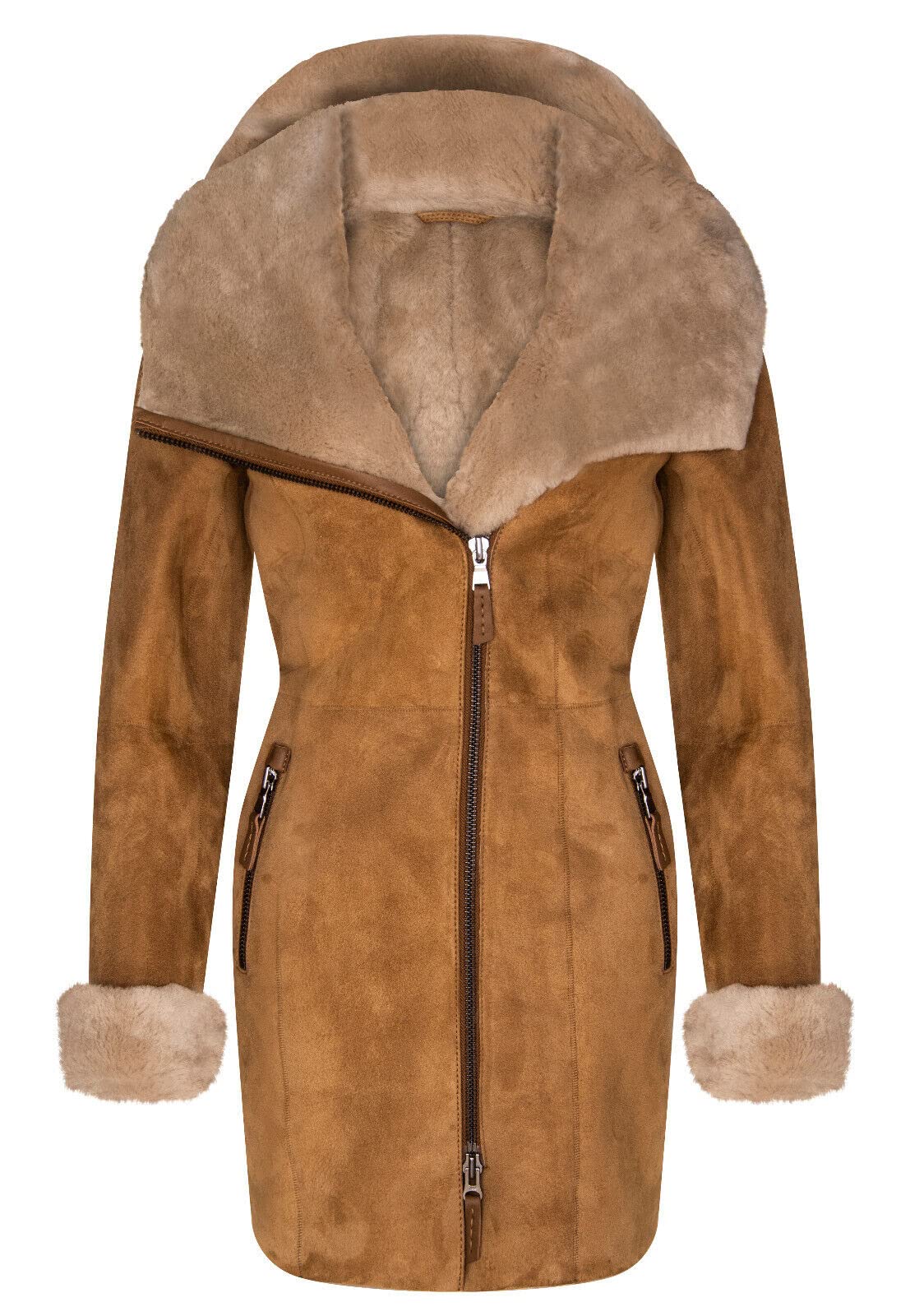Infinity Leather Women's Tan Hooded Shearling Sheepskin Merino Suede Leather Coat Xs