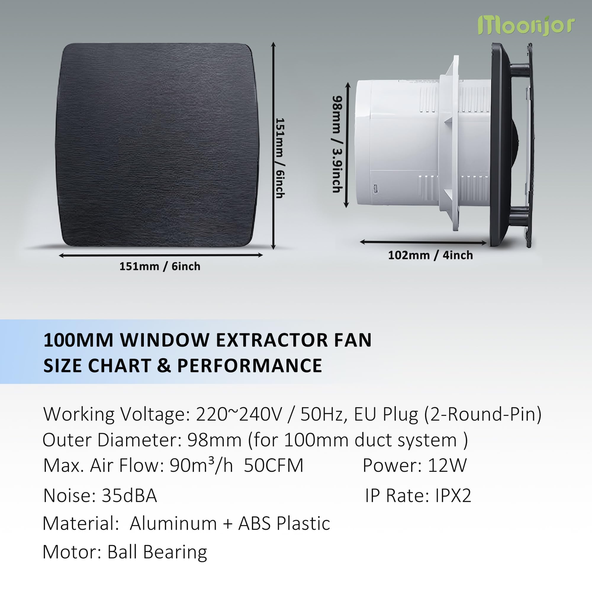 Ventilatore da Cucina Ø150 mm, 320 m³/h Griglie Ventilatore da Bagno con Deflettore di Riflusso, Cavo di Alimentazione UE da 1 m per Bagno, WC, Garage (100mm-QB)
