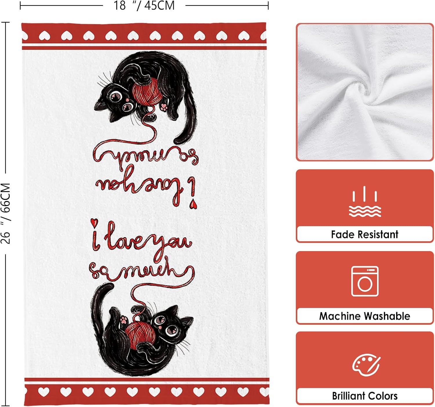 Hello Valentines Day Cat Kitchen Towels, Red Heart Dish Towels Set of 2, Spring Cute Black Cat with Yarn 18 x 26 Inch Hand Towel Quick Drying Dishcloth Decor for Kitchen Bathroom Home - Image 3