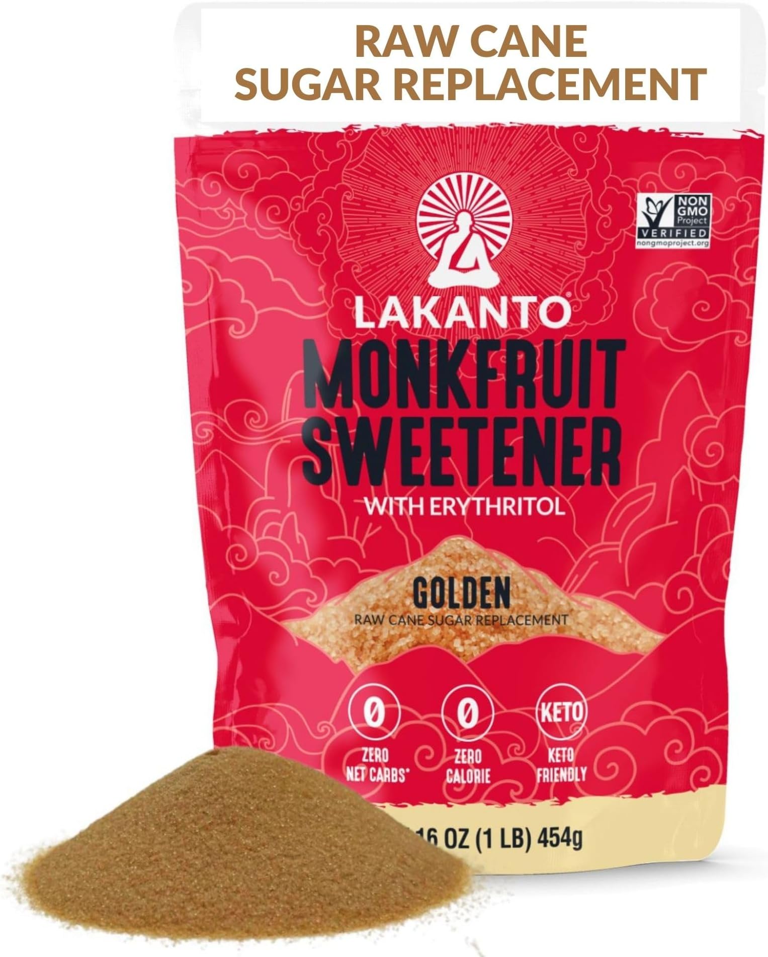 Lakanto Golden Monk Fruit Sweetener With Erythritol, Raw Cane Sugar Substitute From Monk Fruit Extract, Raw Sugar Replacement for Baking, Coffee & Tea, Gluten Free, Low Carb, Non GMO, Keto, 1 LB Bag