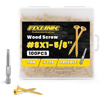 Wood Screws 1-5/8 Inch, FIXLINK Deck Screws #8 x 1-5/8", 100 PCS, Epoxy Coated, T25 Star Bit Above 1500 Hour Salt Spray Coating Outdoor Decking Screws Excellent Rust Resistant for Wood Fence, Tan
