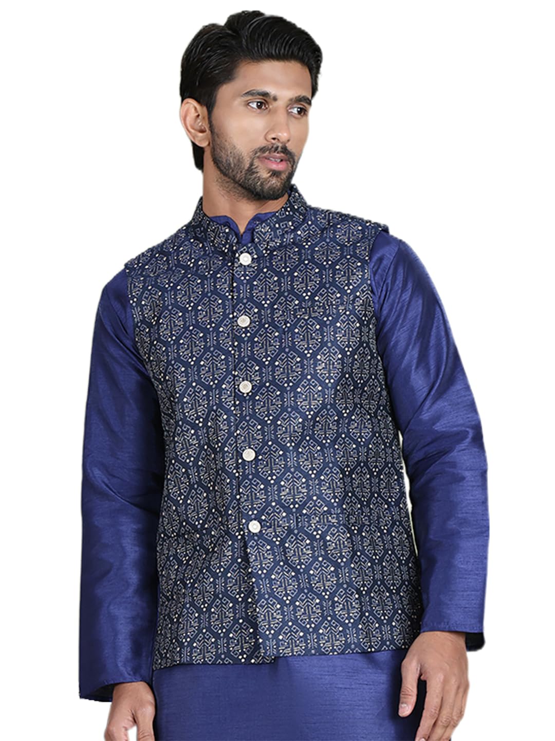jompers Navy Men's Printed Nehru Jacket (Navy, S)-picture-17