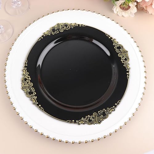 Efavormart - Paquete de 10 platos llanos redondos de plástico barroco de 10 pulgadas, color oro rosa, vajilla desechable con borde dorado en relieve