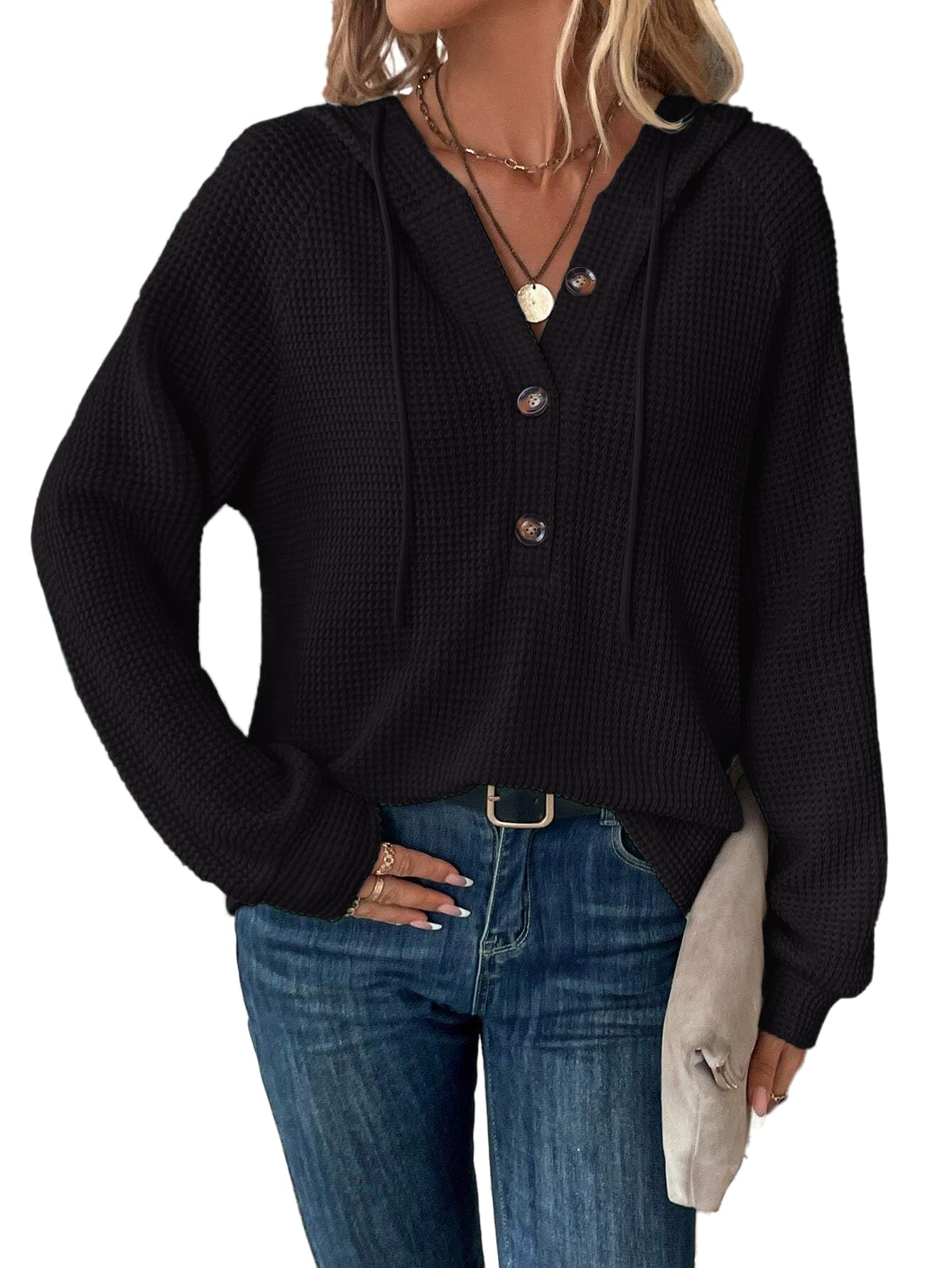 Tanmolo Hoodie Damen Kapuzenpullover Knopfleiste Leichter Pullover Langarm Sweatshirt Tops für Herbst