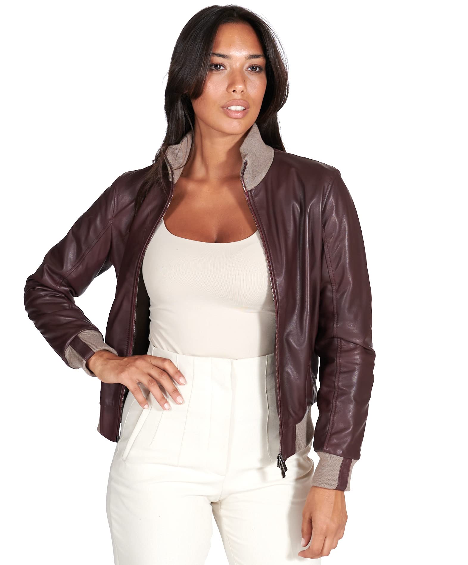 D'Arienzo Bomber in Pelle Scamosciata Blu Donna Giacca Bicolor Giubbotto Moto Vera Pelle Made in Italy G155