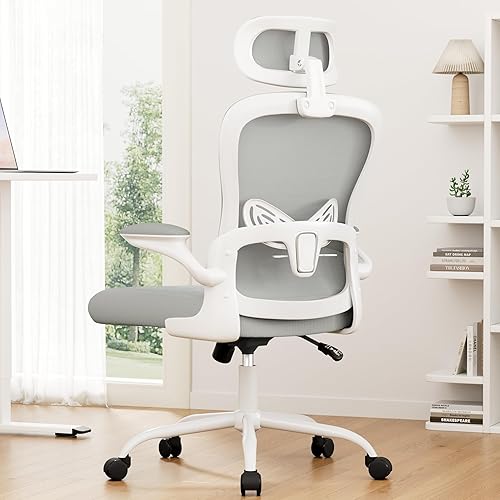 Shahoo Silla de oficina gris, sillas ergonómicas de escritorio para computadora con malla de respaldo alto, soporte lumbar, reposacabezas y
