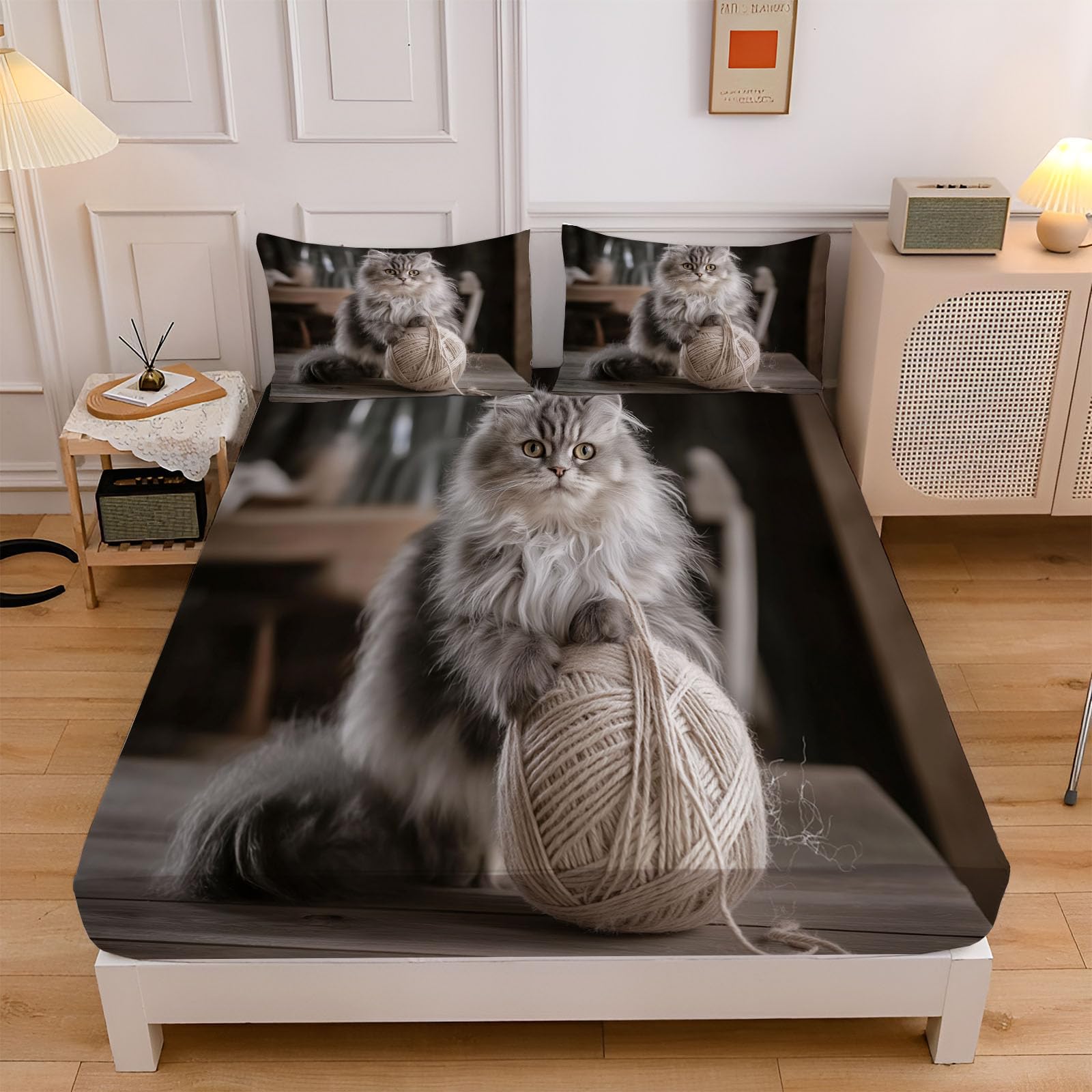 Sábanas 200X190/200Cm - Juego De Sábanas 3 Piezas Estampadas Lindo Gato Persa - Microfibra Suave Transpirable - Sábana Bajera Ajustable - Ropa De Cama Animales Del Campo (Bronceado)