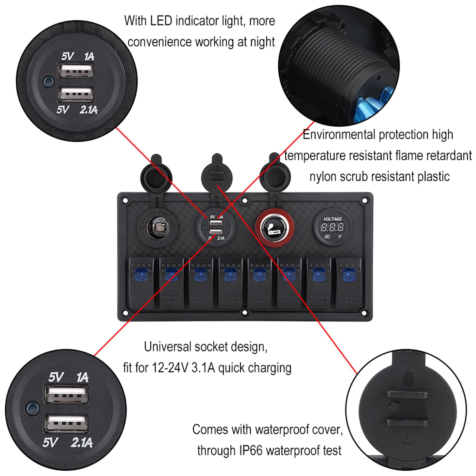 Naroote Panel Przełączników Rocker 8 Gangów 12V 24V, Przełącznik