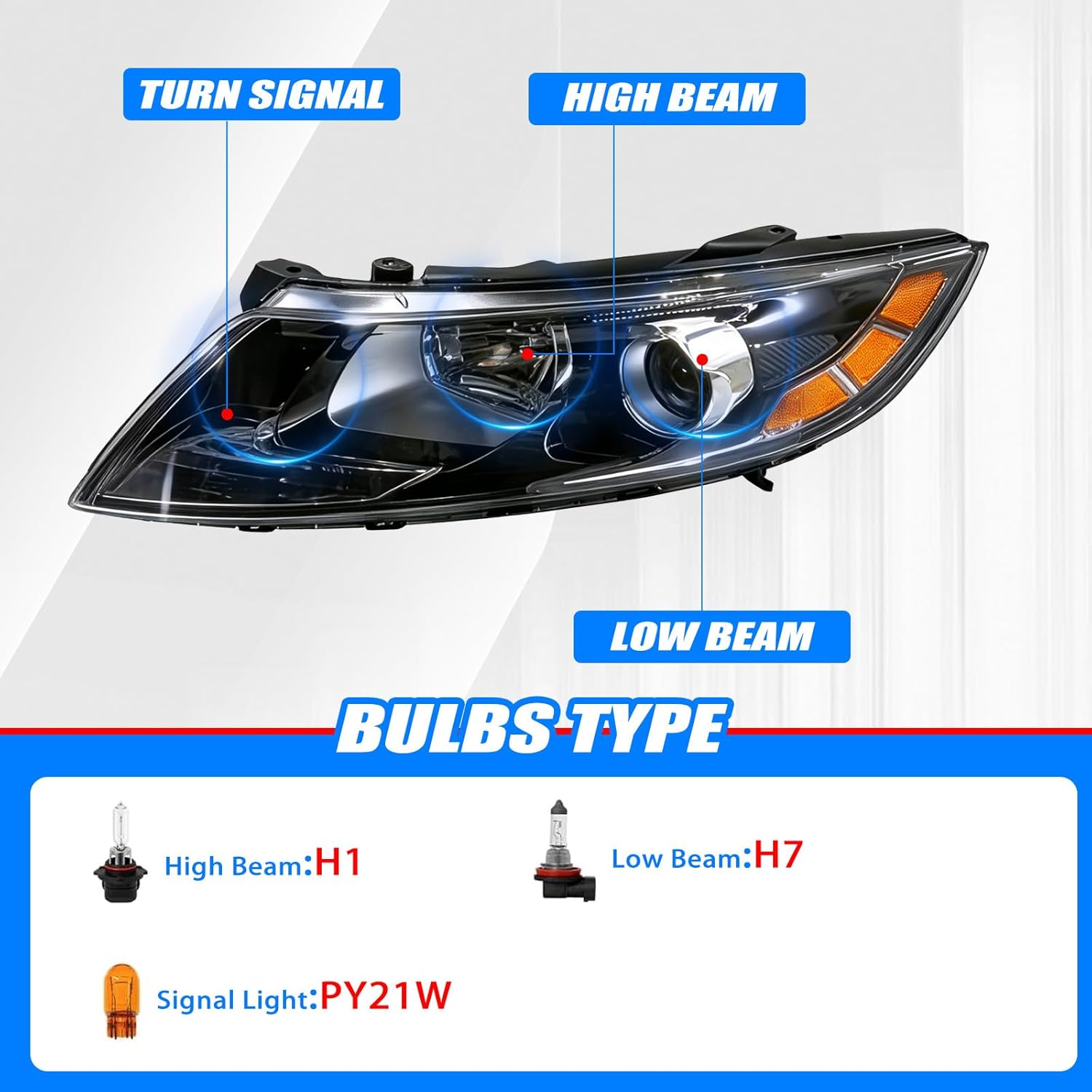 Left Headlight Assembly Compatible with 2014 2015 Kia Optima Halogen Headlight Projector w/o LED w/Bulb (Driver Left Side)