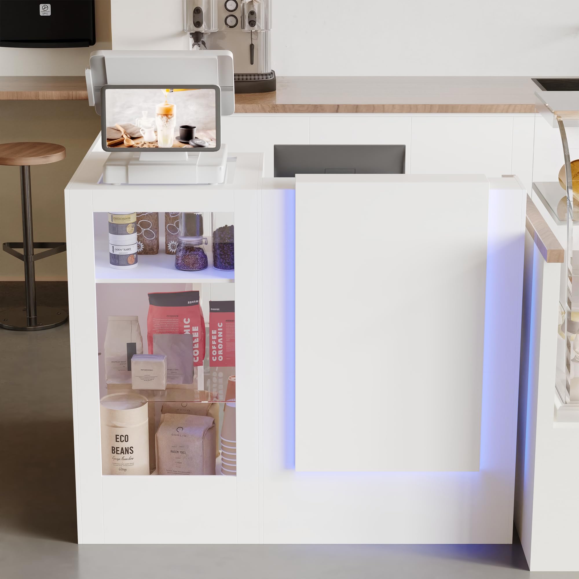 Caldion Moderno mostrador de recepción con iluminación LED, con cajón de tatuaje, mostrador de recepción de cristal templado, mesa de recepción en forma de L, color blanco, 120 x 100 x 103 cm