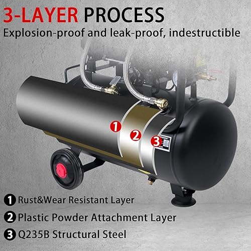 Miniatura 6 de MZB - Compresor de aire ultra silencioso de 6.4 galones, 110 V60 Hz, 1.5 HP 7.41CFM MAX 115 PSI, sin aceite, 70 dB, nivel de ruido, compresor de