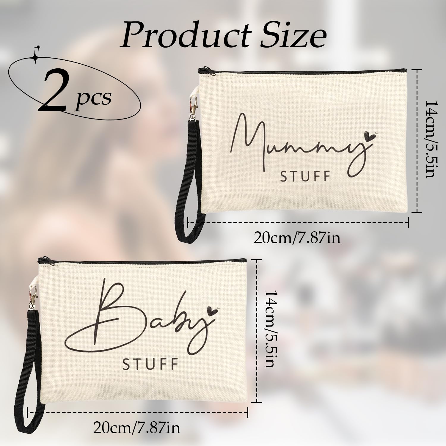 2 PCS Portable Gifts for Mum to Be: Canvas Cosmetic Bags with Zipper for Baby Shower, Beige - Image 2