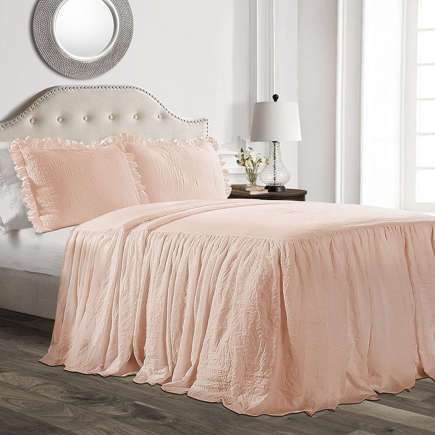 Ruffle Skirt Bedspread Shabby Chic Farmhouse Style 3 Piece Set (Plain Rich Farmhouse Style ) with 30" Drop 100% Egyptian Cotton 600 TC (Single Solid Blush)-image-11