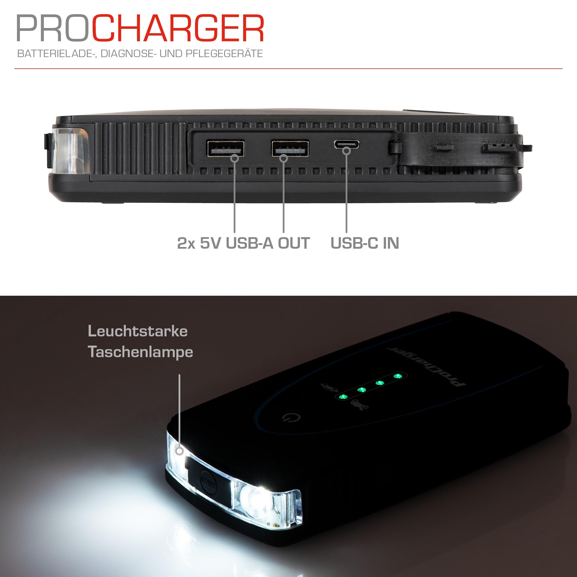 ProCharger Startbooster & Akkupack 10.000mA, 12V Lithium Starthilfe Powerbank für PKW, Tragbares Batterieladegerät Auto, Starthilfe Powerbank mit Überbrückungskabel Auto, Batterieladegerät Motorrad