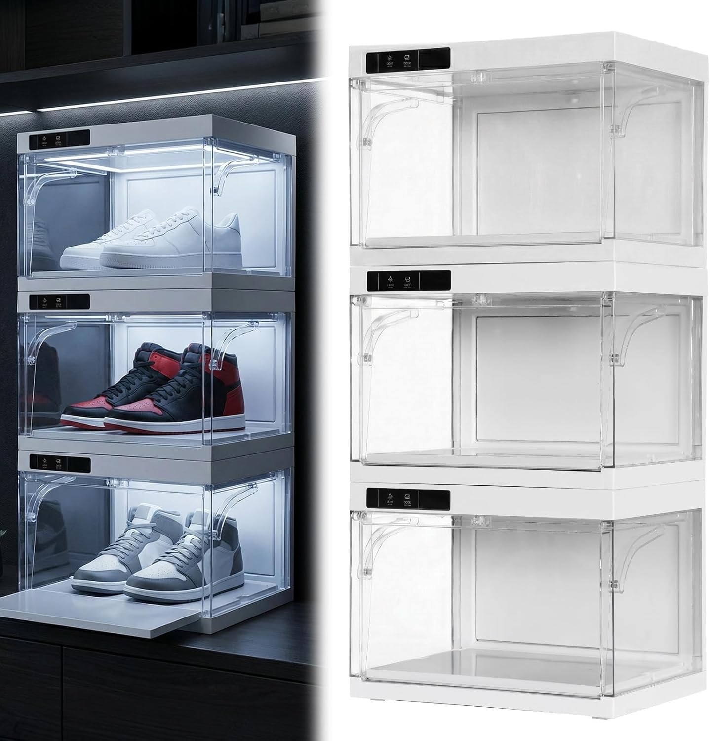 ETOYA Shoe Box Organizer: Smart Shoe Display Box with Led Lights, 3 Pack Clear Shoe Storage Organizer with Automatic Door, Remote Control Clear Stackable Sneaker Shoe Boxes with LED Lights