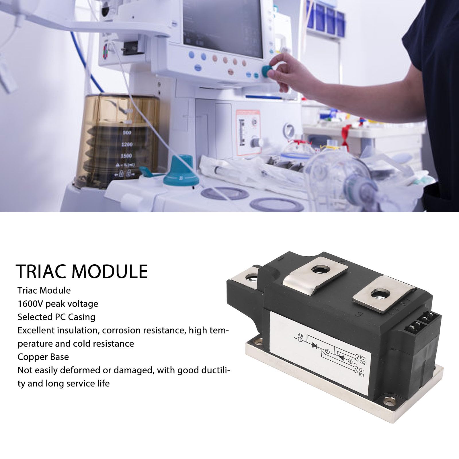 Modulo triac, alloggiamento in PC, modulo di alimentazione a tiristore bidirezionale da 1600 V, raddrizzatore a controllo di silicio con base in rame e piastra di collegamento per (JLTTAAA0N16KOV)