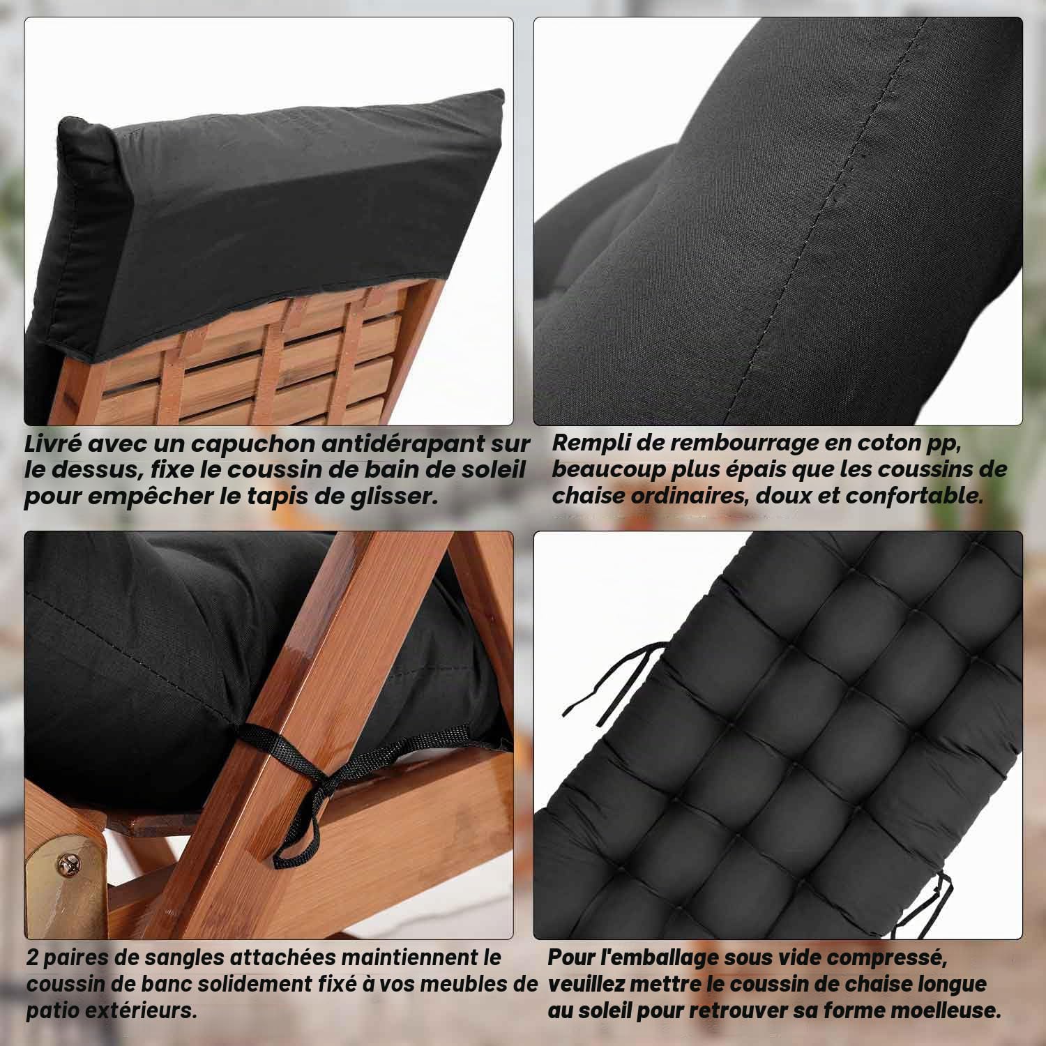 Warmiehomy Coussin épais pour chaise longue jardin, Coussin de rechange antidérapant pour extérieur, noir, 160x50x8 cm