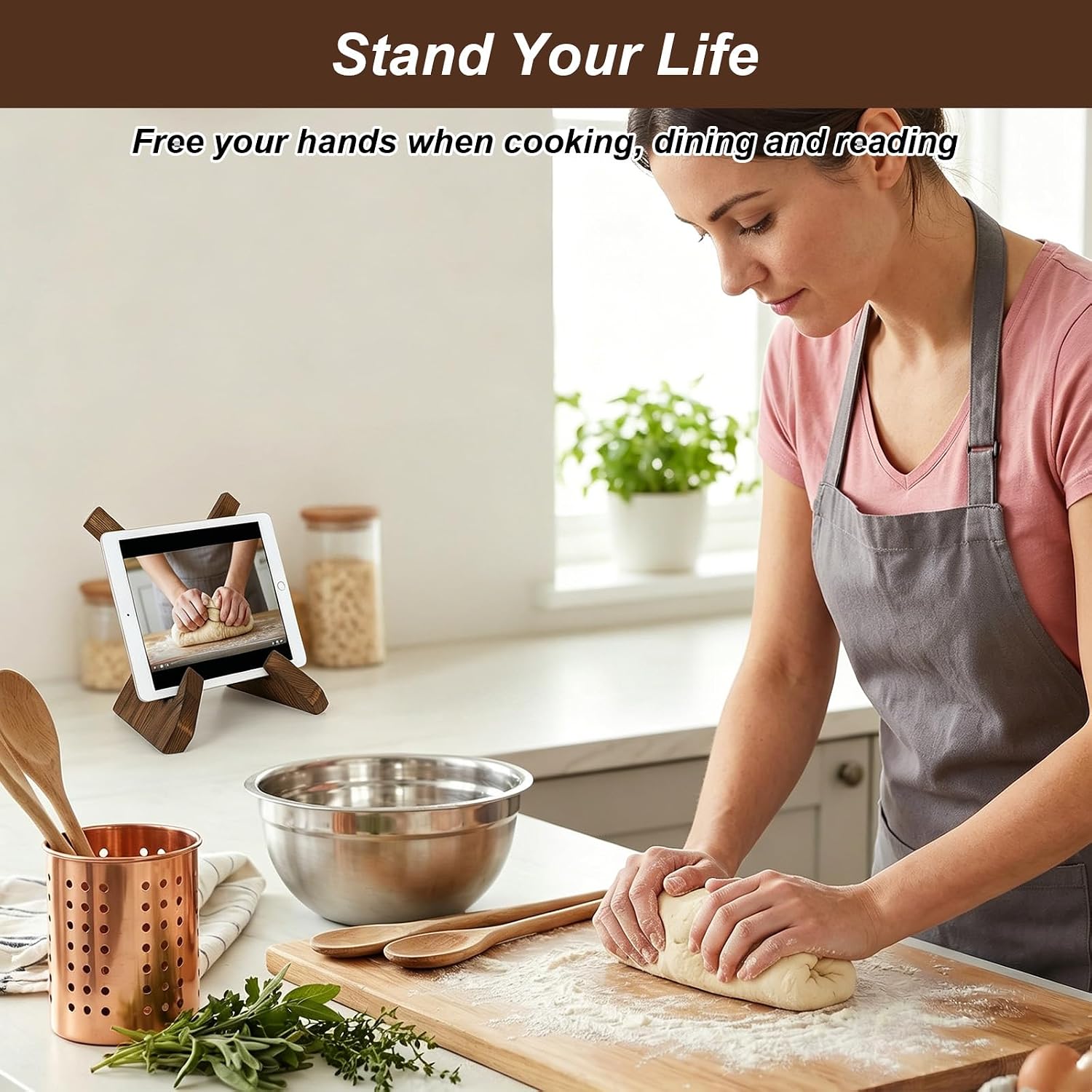 4 Pcs Book Stand for Kitchen, Wooden Cooking Book Stand with 8 Inch Height, Rustic Charcoal Finish Recipe Holder for Countertops (12.7 x 8 x 7 in)