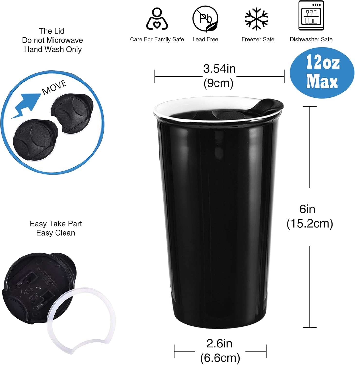 Ceramic Travel Mug, 12oz Unique To Go Coffee Mugs with Splash Resistant Lid and Color Box, Reusable Double Wall Black Mug Porcelain Coffee Cup, Gifts for Women Men Her Him, Black - Image 6