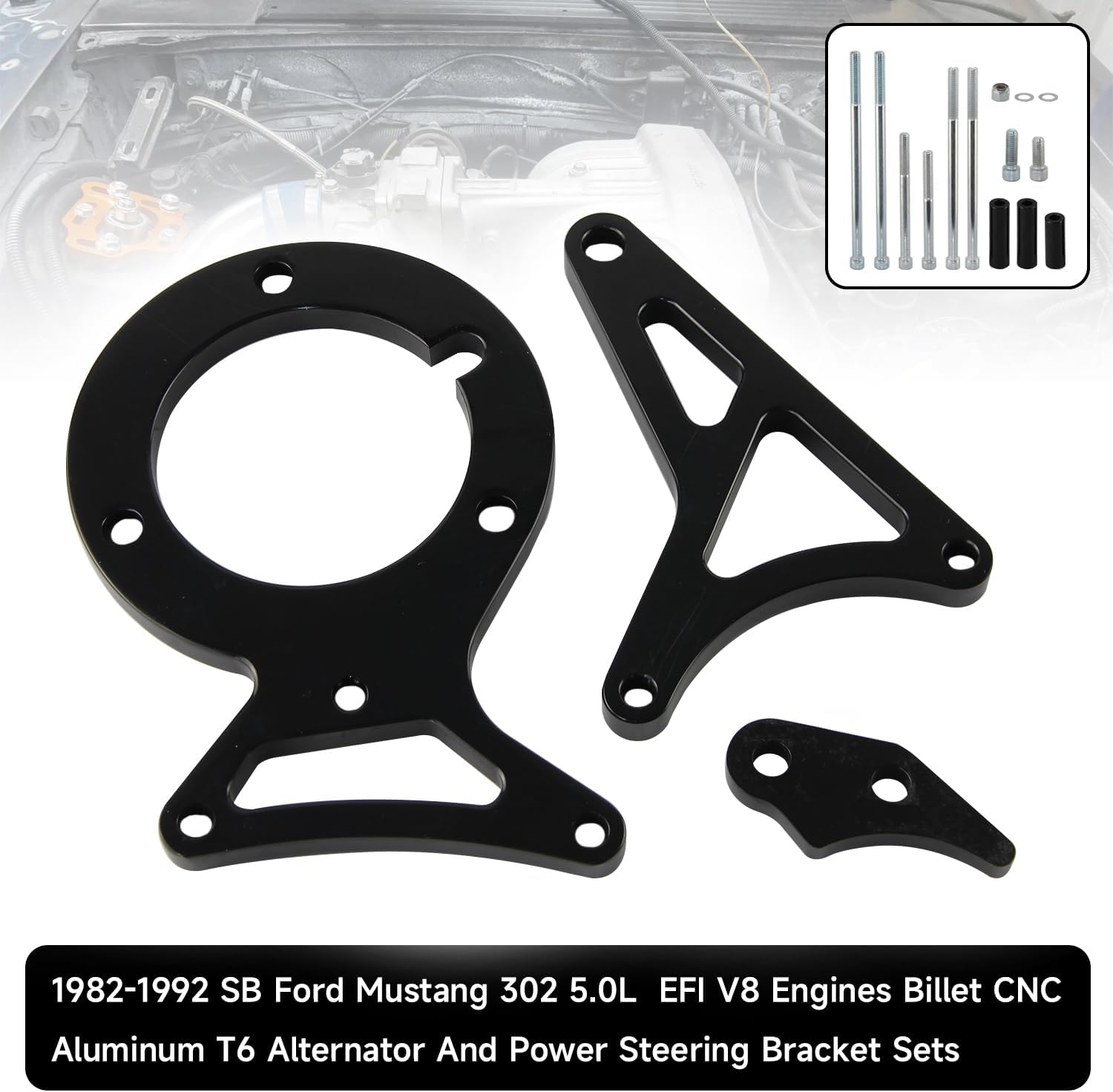 Aluminum Alternator Power Steering Bracket Kit Compatible with Ford 302 V8 5.0L 1982-1992 Black