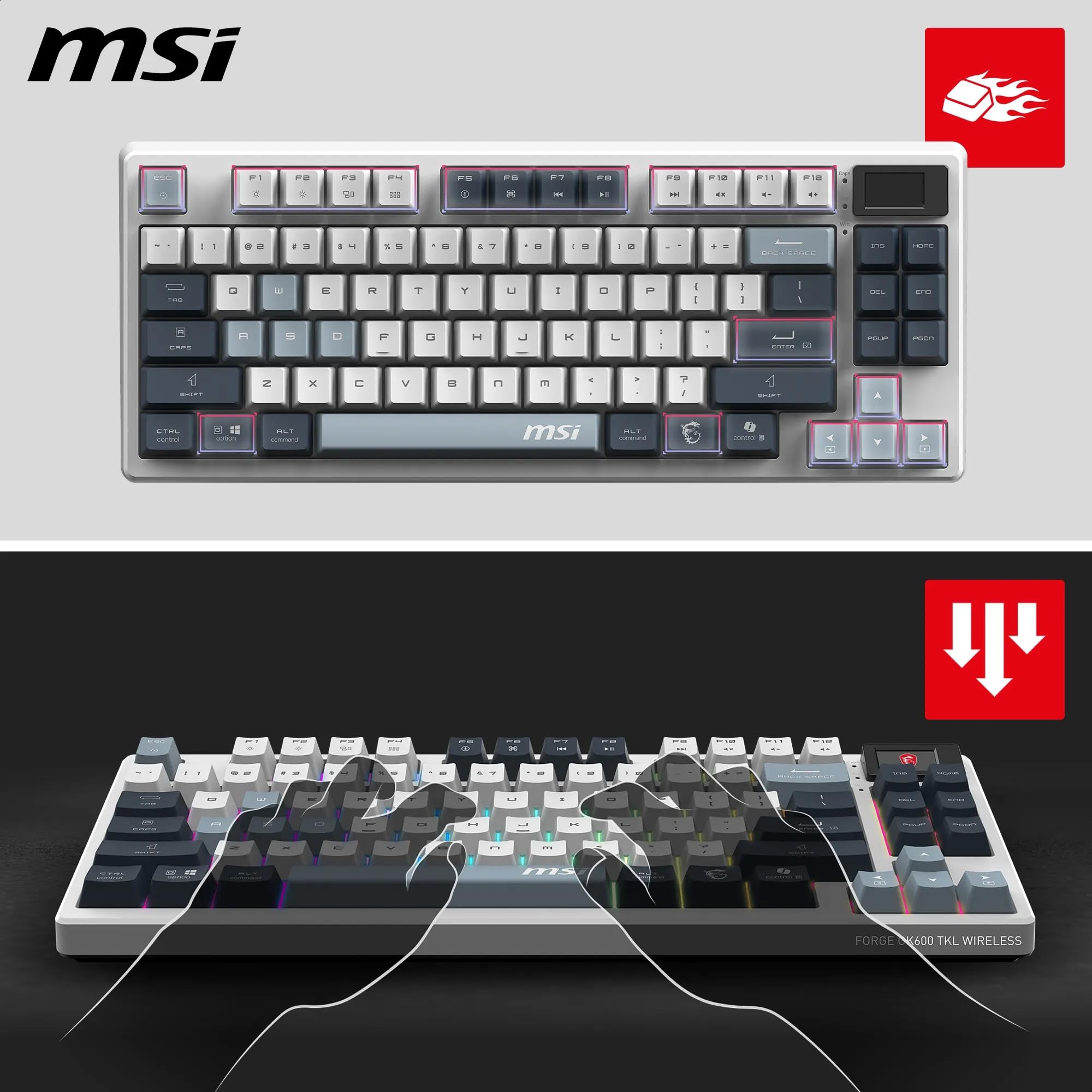 MSI Forge GK600 TKL Wireless Sky FR - Tastiera AZERTY meccanica a switches lineari, tasti PBT stampati Sublimazione, base antiscivolo, LED RGB, USB 2.0, Bluetooth, 2.4 GHz - Tenkeyless