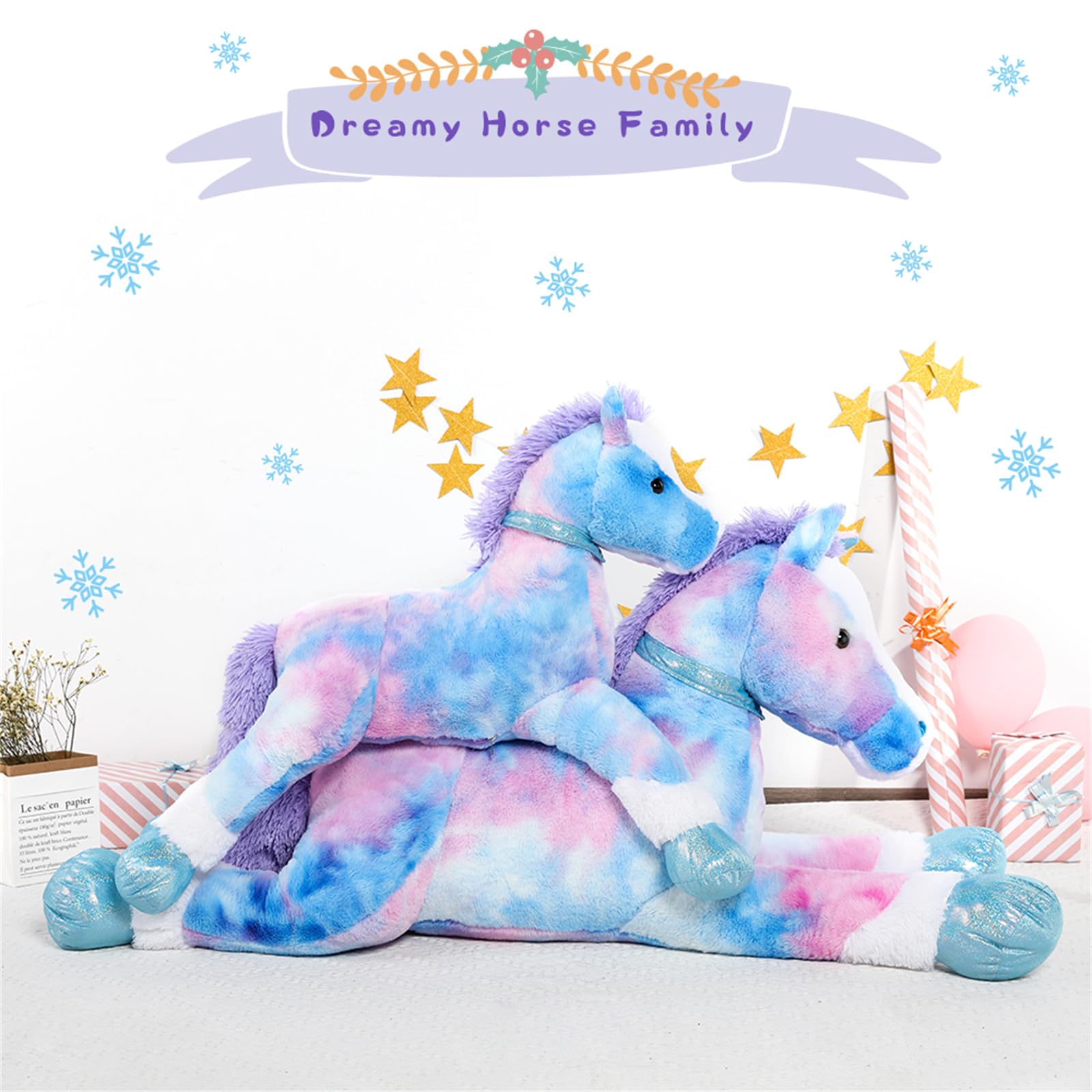 KERTA Big Horse Stuffed Animals Plush Toy, 35 Inch Large Stuffed Horse Toys Gift Soft Blue Pony Plush Pillow for Boys Girls 8