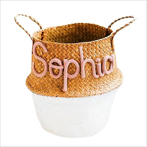 Personalized Easter Woven Basket With Embroidered Monogram Customized Name Handheld Crafted Basket Storage Basket For Kids Baby Egg Hunt Toys