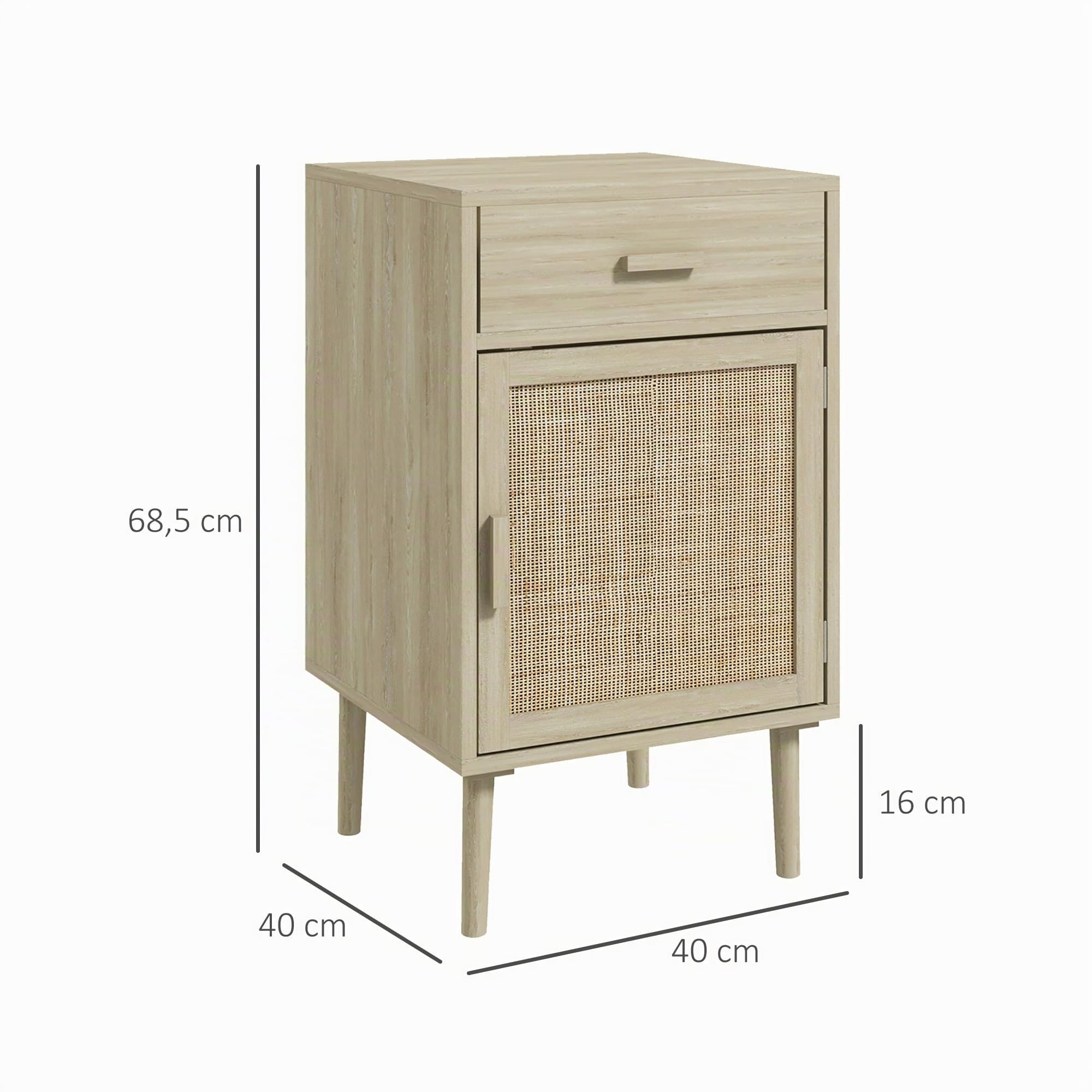 HOMCOM Juego de 2 Mesitas de Noche con Cajón de Ratán 40x40x68,5 cm Roble | Mesillas de Noche, Mesitas Auxiliares, Estante Ajustable, Pack de 2, Dormitorio, Salón
