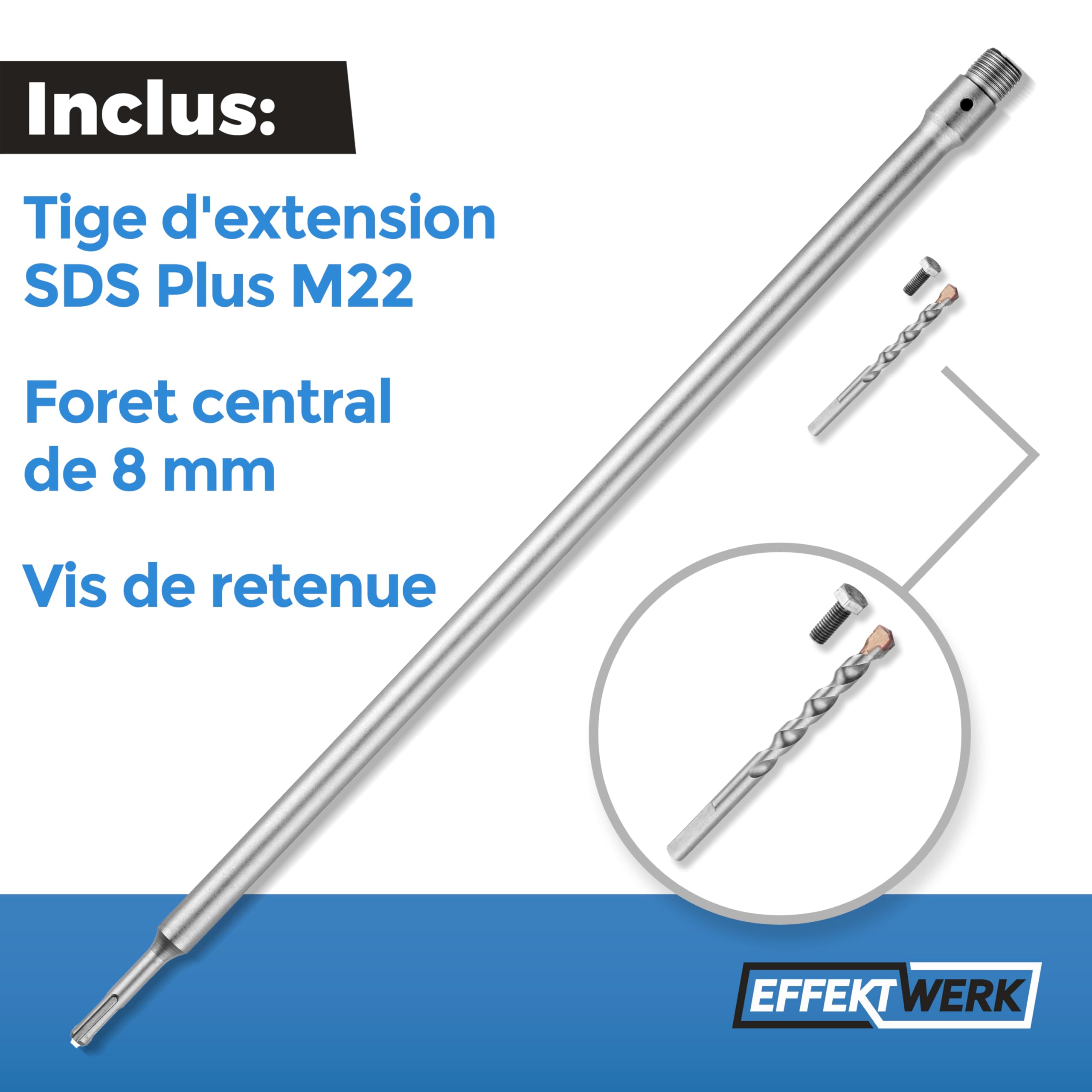SDS Plus Tige d'extension pour foret creux, 600 mm de long avec filetage M22, foret central et vis