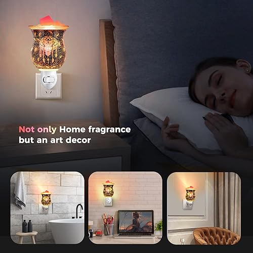 Miniatura 7 de inrorans Calentador de cera de metal blanco con enchufe, patrón de árbol, calentador de cera de pared para cera perfumada con bandeja extraíble,