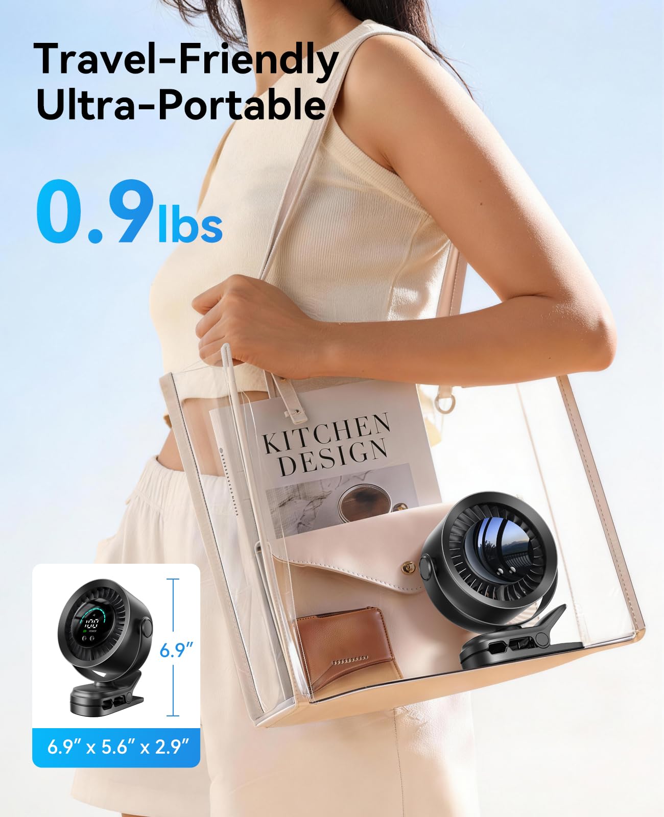 KIMMOO Tragbarer Ventilator zum Anklippen, 100 Geschwindigkeiten, wiederaufladbar, USB-Ventilator mit LED-Anzeige, 360° Drehung & starker Luftstrom, Schreibtischventilator, bis zu 17 Stunden, kleiner