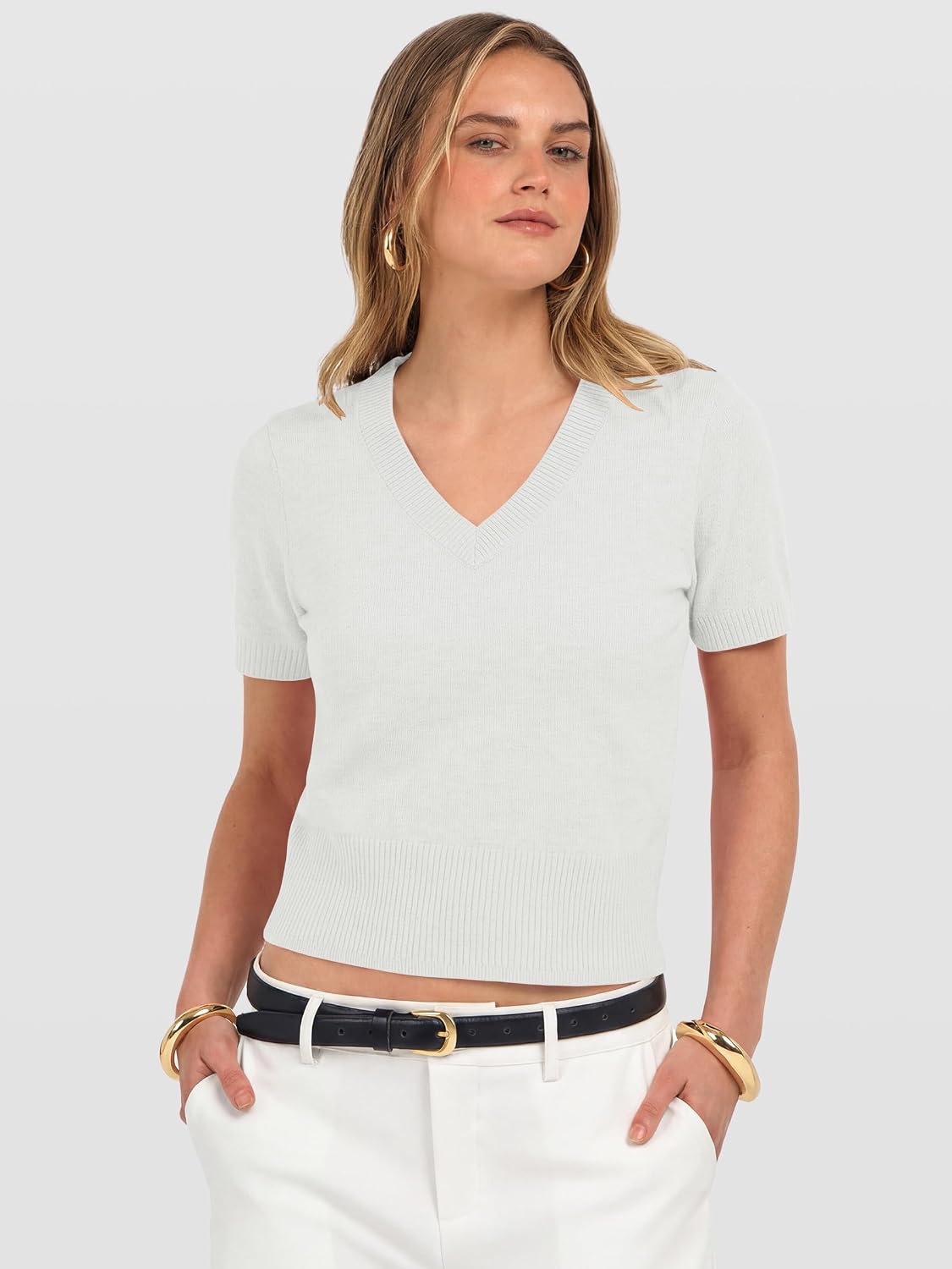 ANRABESS Womens Short Sleeve Sweaters Cropped V Neck Business Casual Lightweight Sweater Tops Summer Spring Clothes 2026
