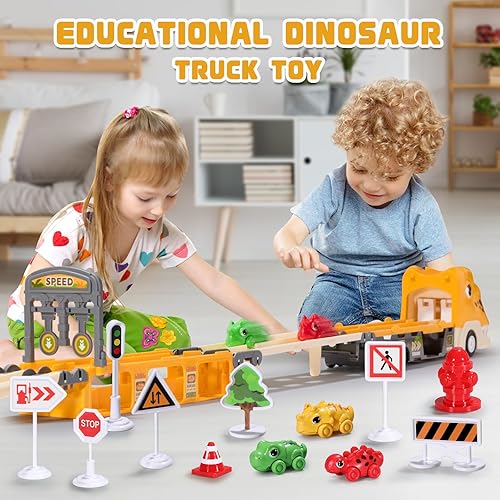 Miniatura 2 de Camión de dinosaurios de juguete para niños de 2, 3, 4, 5, 6, 7 años, pista plegable y modo de carrera de 2 jugadores, transportador de luz y sonido