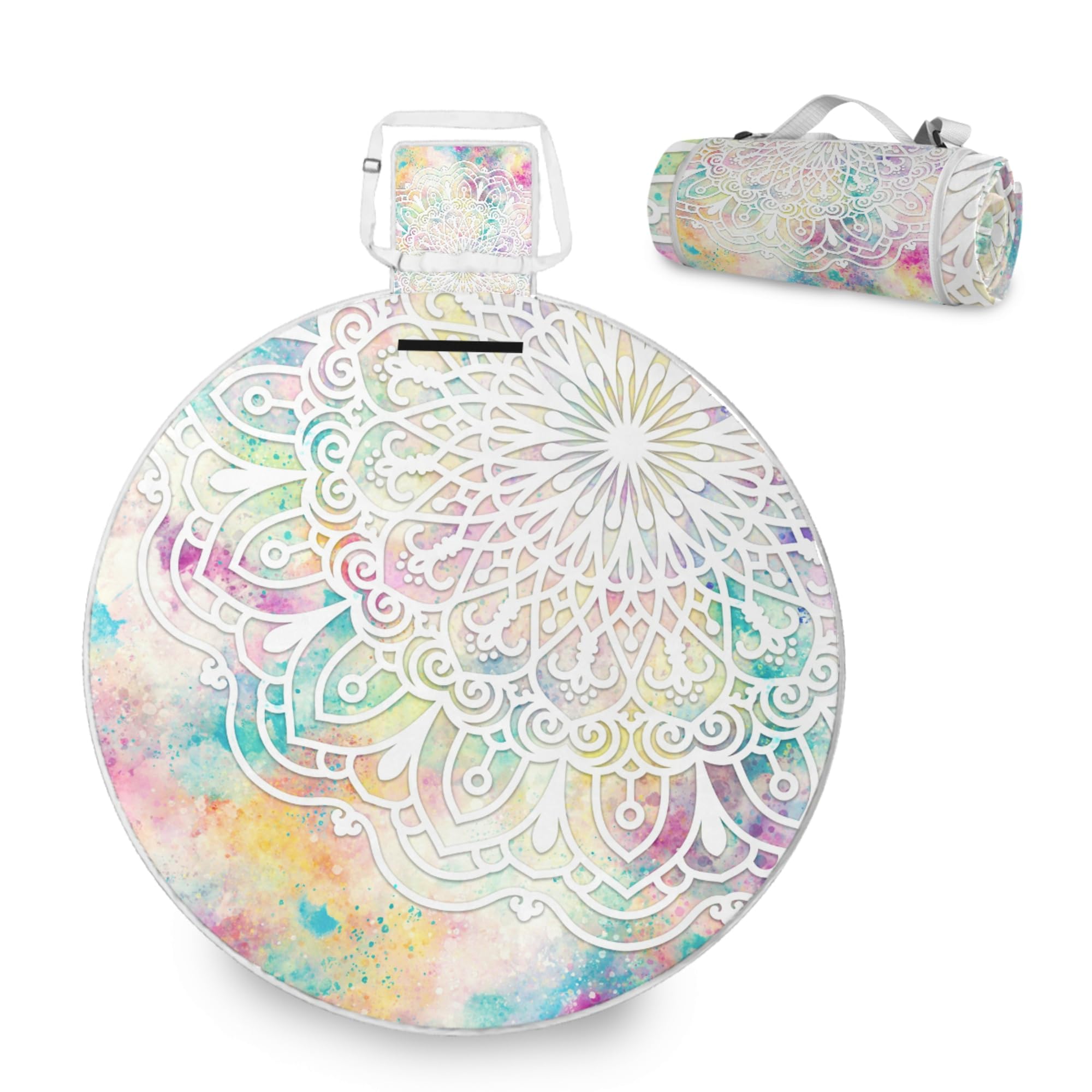 ALAZA Round Waterproof Picnic Blanket, Rainbow Mandala Bohemian Flower Portable Folding Indoors Rug Outdoors Mat for Travel Hiking Camping Park, 148cm