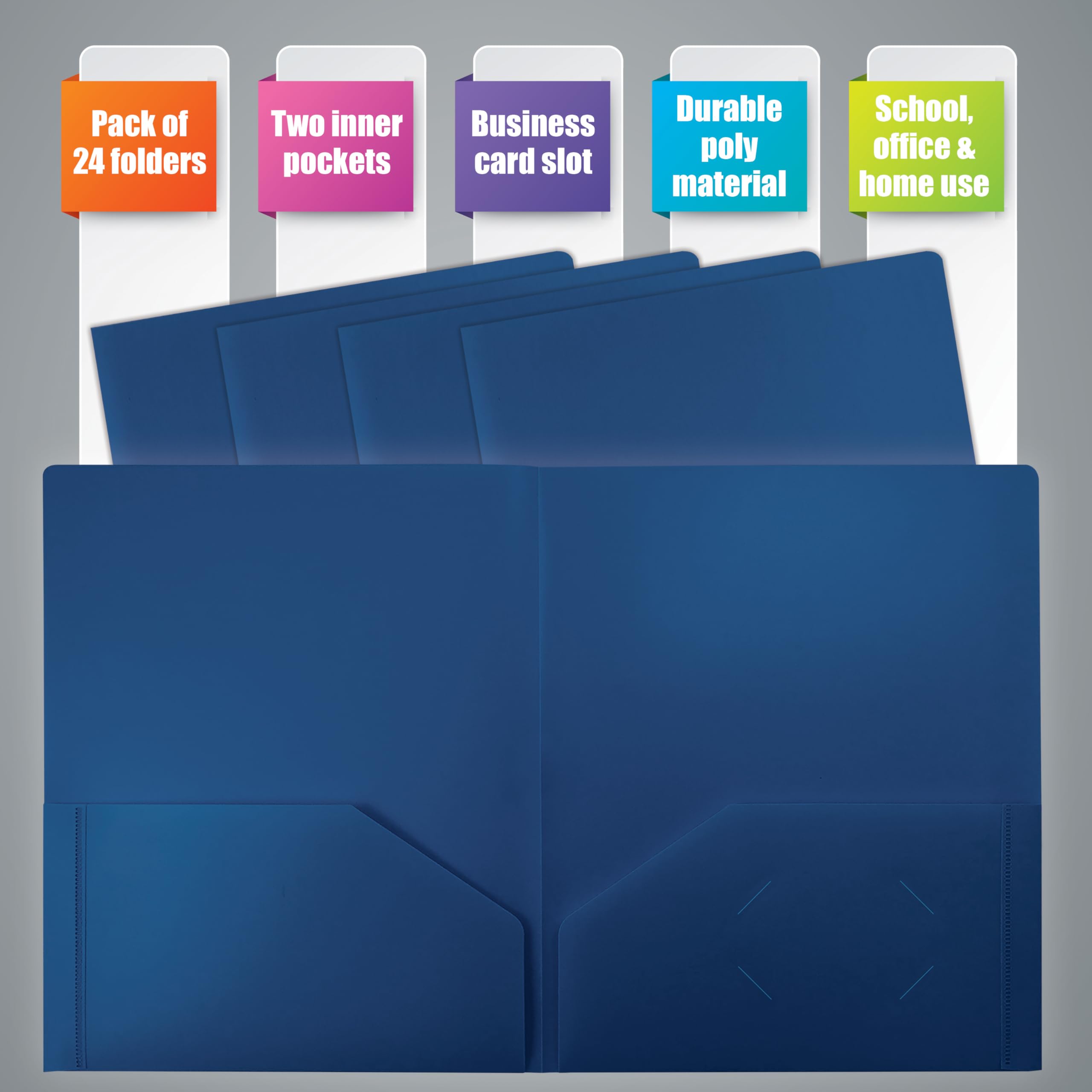 Better Office Products - Carpeta de plástico azul pesado con 2 bolsillos, tamaño carta, 24 unidades, color azul rey (sin puntas)