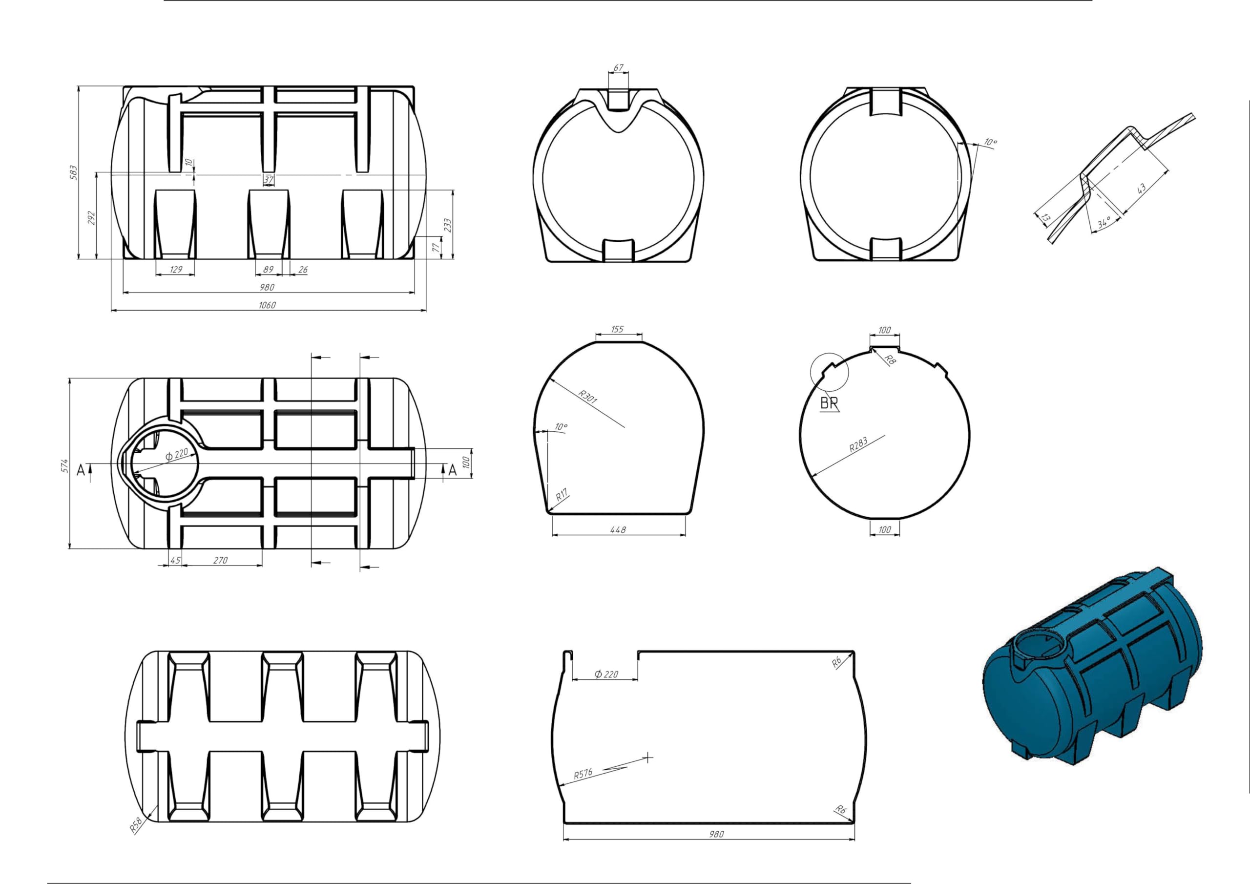 Varile Réservoir d'eau potable de 250 l - Vert - Sans BPA - Filetage en laiton intégré de 3/4" - Fabriqué en UE - Convient à un usage alimentaire - Horizontal
