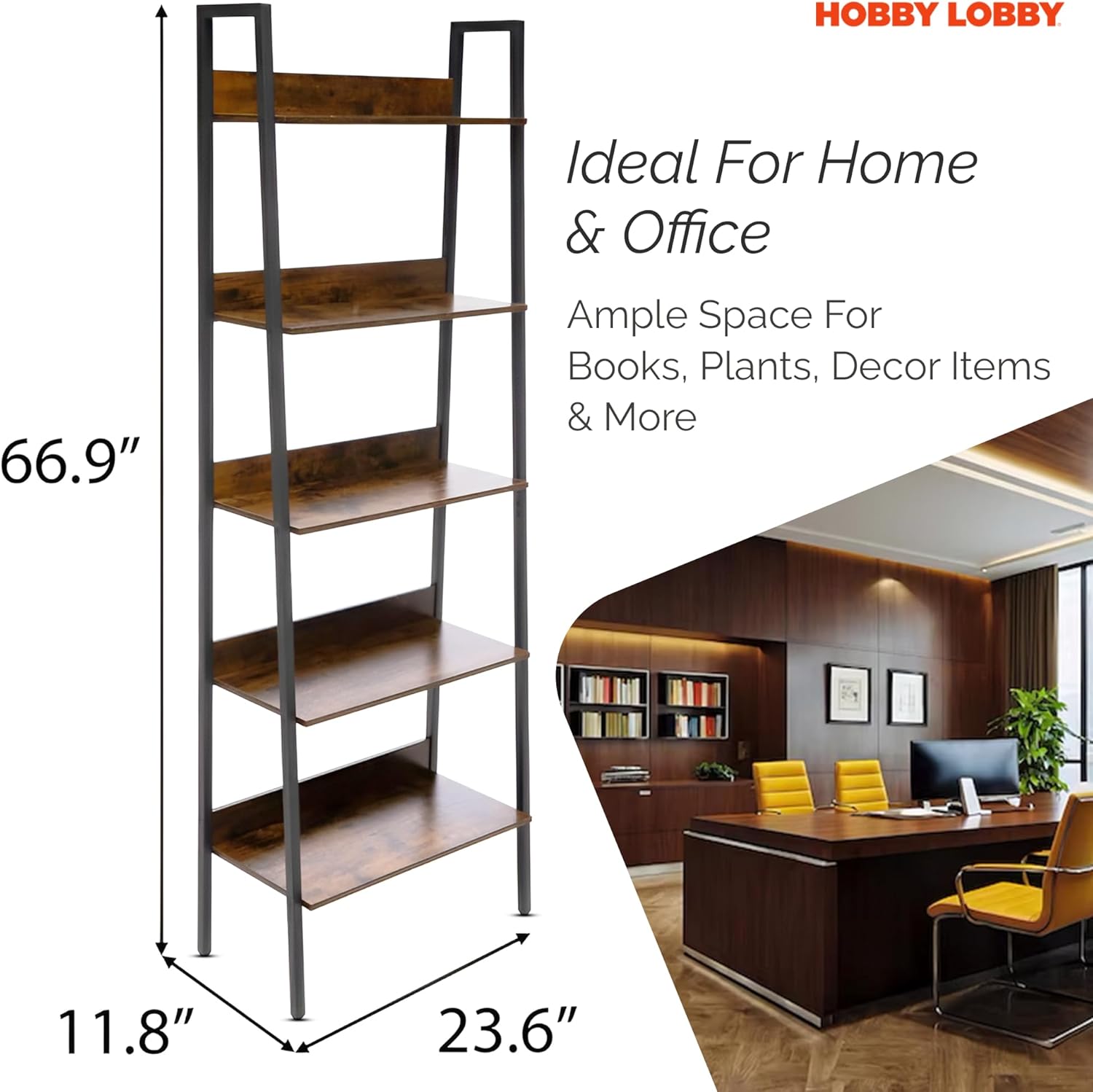 5 Tier Industrial Ladder Shelf – Metal & MDF Engineered Wood Ladder Shelf w/ Raised Back Edges & Adjustable Feet - Large Storage Ladder Book Shelf - Storage Ladder Shelves for Living Room, Bedroom