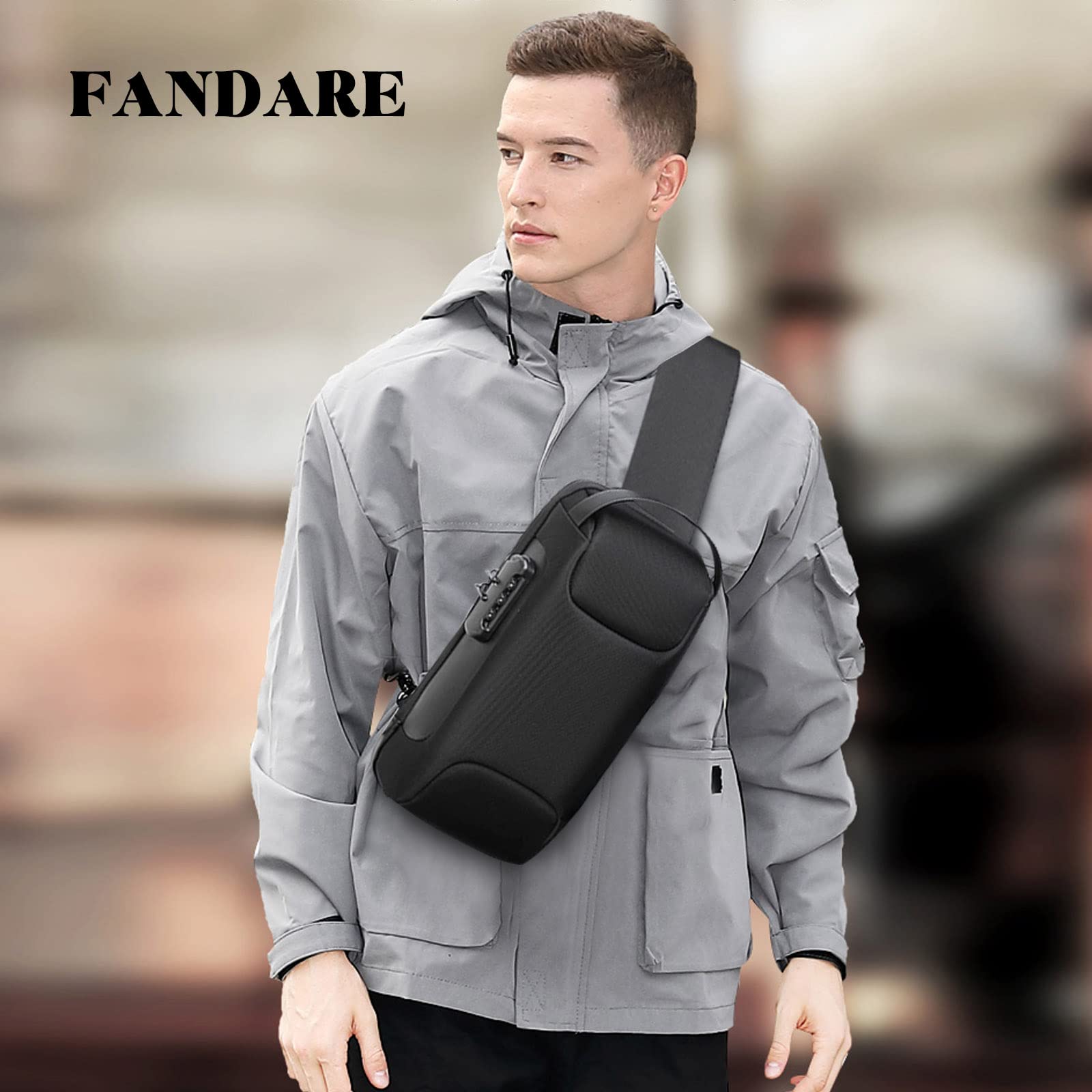 FANDARE Antifurto Zaino Monospalla Uomo Borse piccole a tracolla con USB Business Borsa a Spalla Impermeabile Stile auto sportive per Scuola Outdoor Ciclismo Viaggio Multitasche Piccolo Zaino Nero