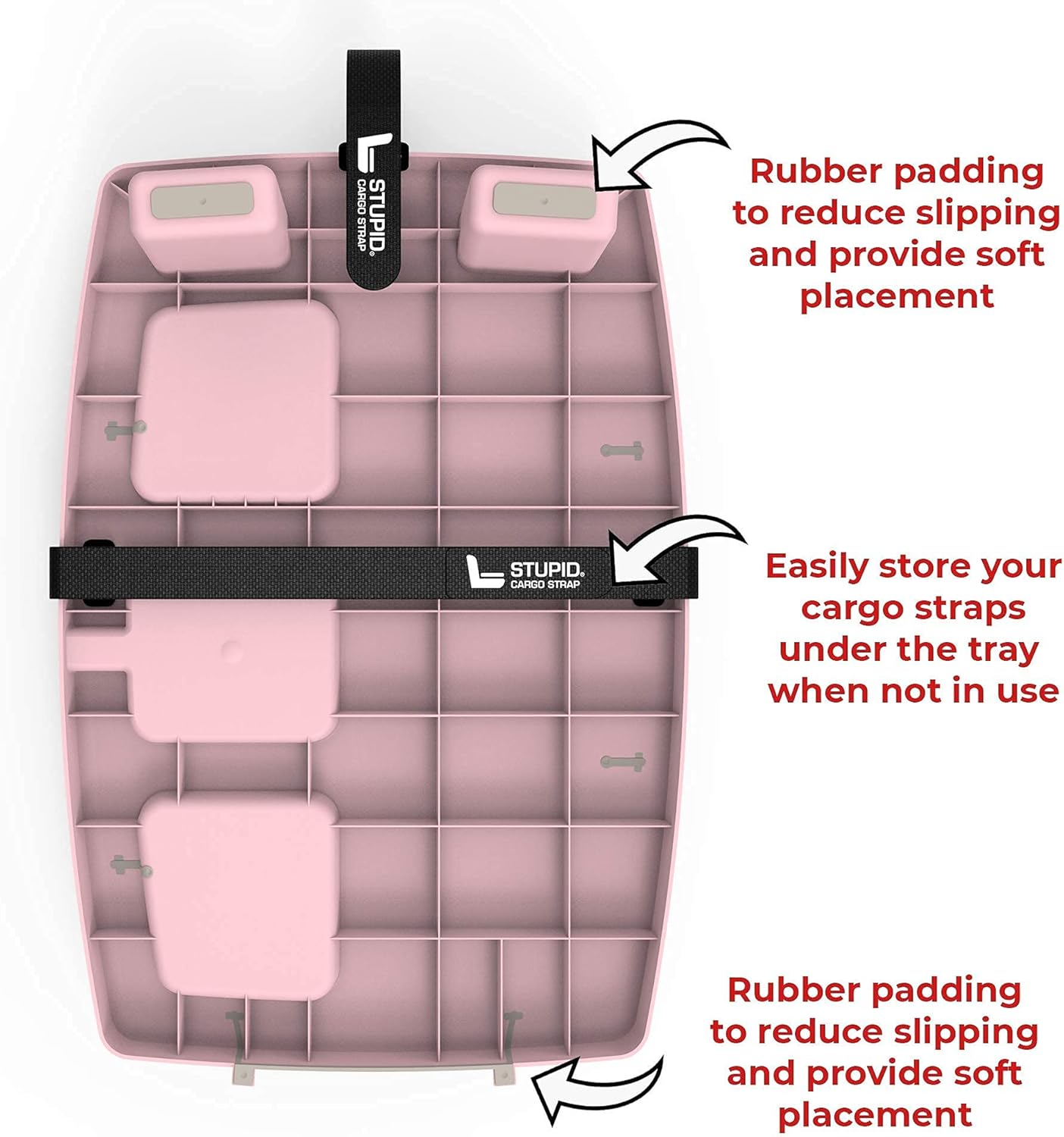 STUPID Car Tray: Ultimate Car Accessory and Portable Tray - Includes 2 12" Elastic Cargo Straps and Quick-Release Seat Anchor - TPV Grippy Ring and Feet - Pink