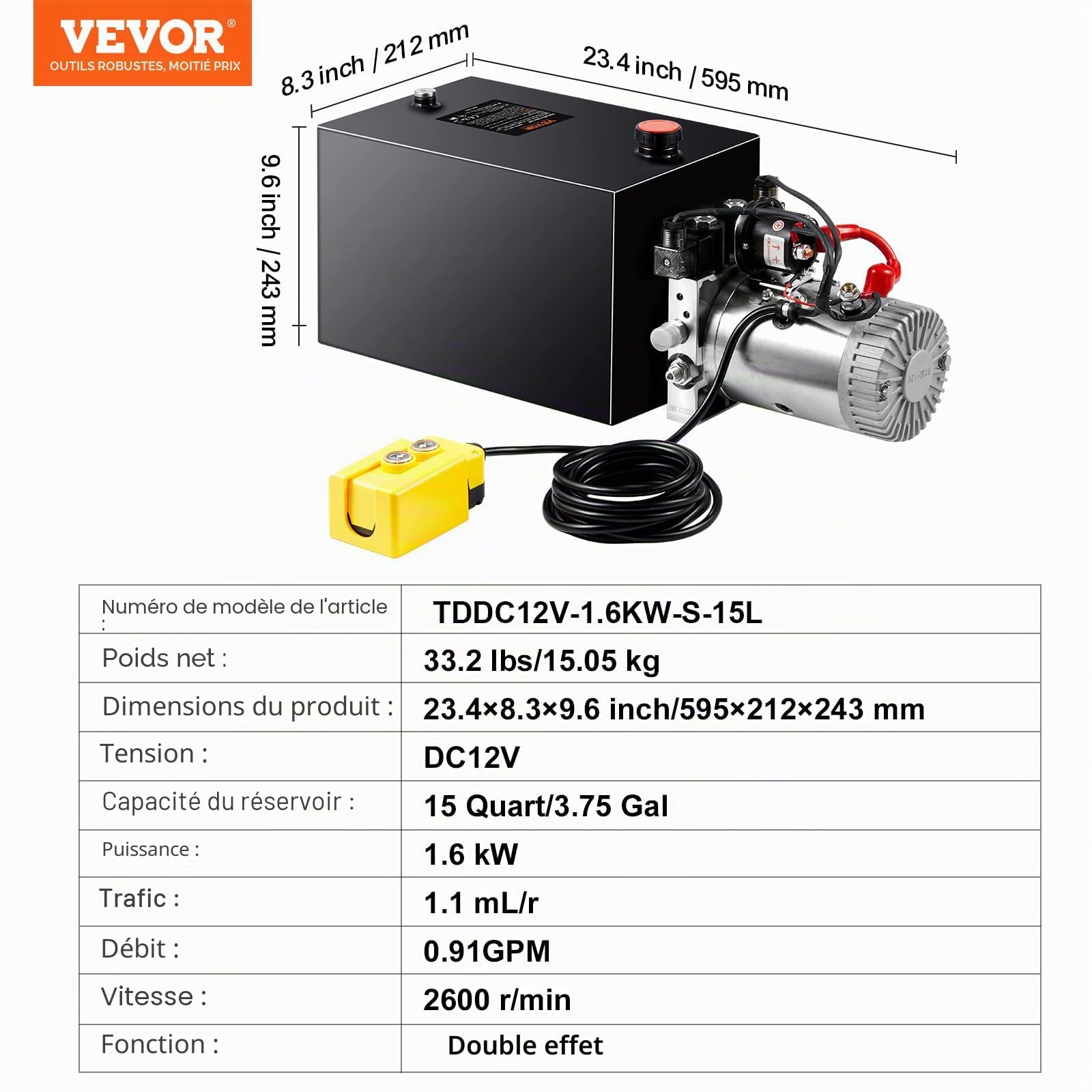 VEVOR Pompe Hydraulique DC 12 V 14 L Groupe Hydraulique Double Effet Débit d'Huile 3,44 L/min Max. Pression de Décharge 22 MPa pour Camion à Benne Basculante Nacelle Élévatrice Remorque Levage Bennage