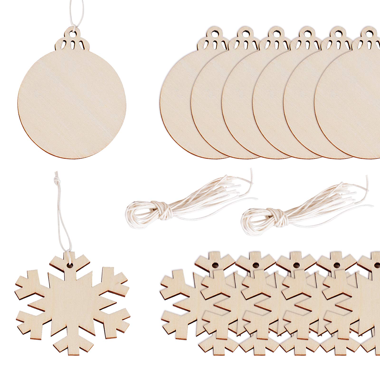 40pcs Embellissements en Bois Noël à Suspendre Ornements de Pendentifs en Forme Flocon de Neige Rond Boule Tranches de Bois Arti