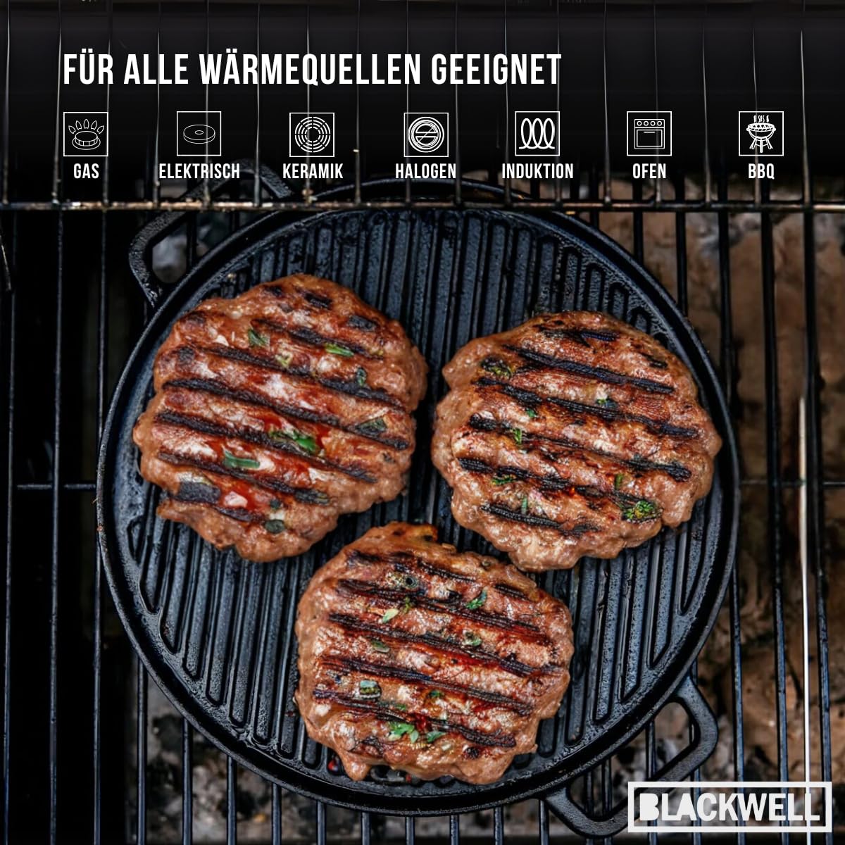 Blackwell Grillplatte 2-seitig | Grillpfanne Ø 30 cm | Gusseisen | Schwarz | Für alle Herdarten, Grill und Backofen geeignet