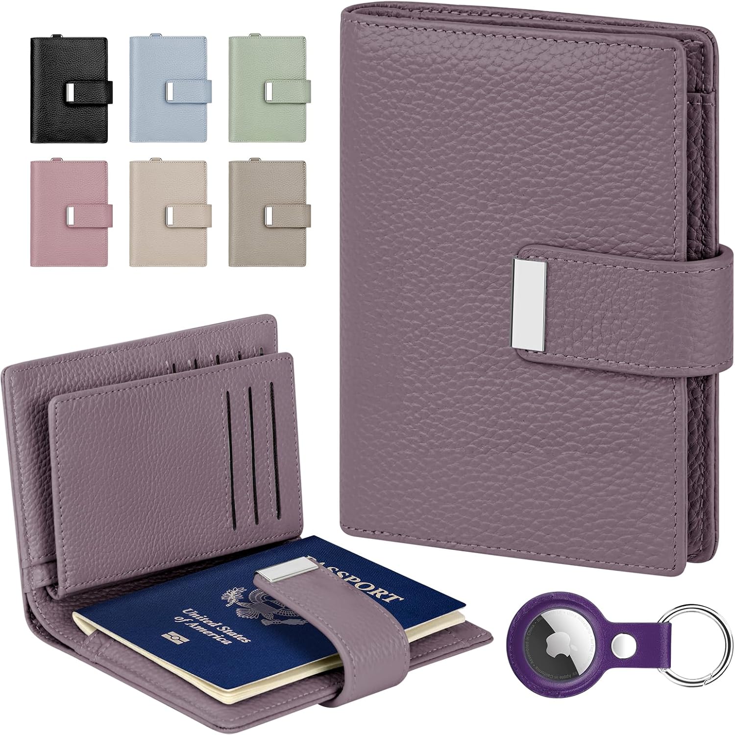 BKNOOU RFID Blocking Passport Holder with Airtag – Leather Travel Passport Wallet for Women, Slim Bifold Travel passport holder Holds Cards & Tickets & Cash (Light Purple)